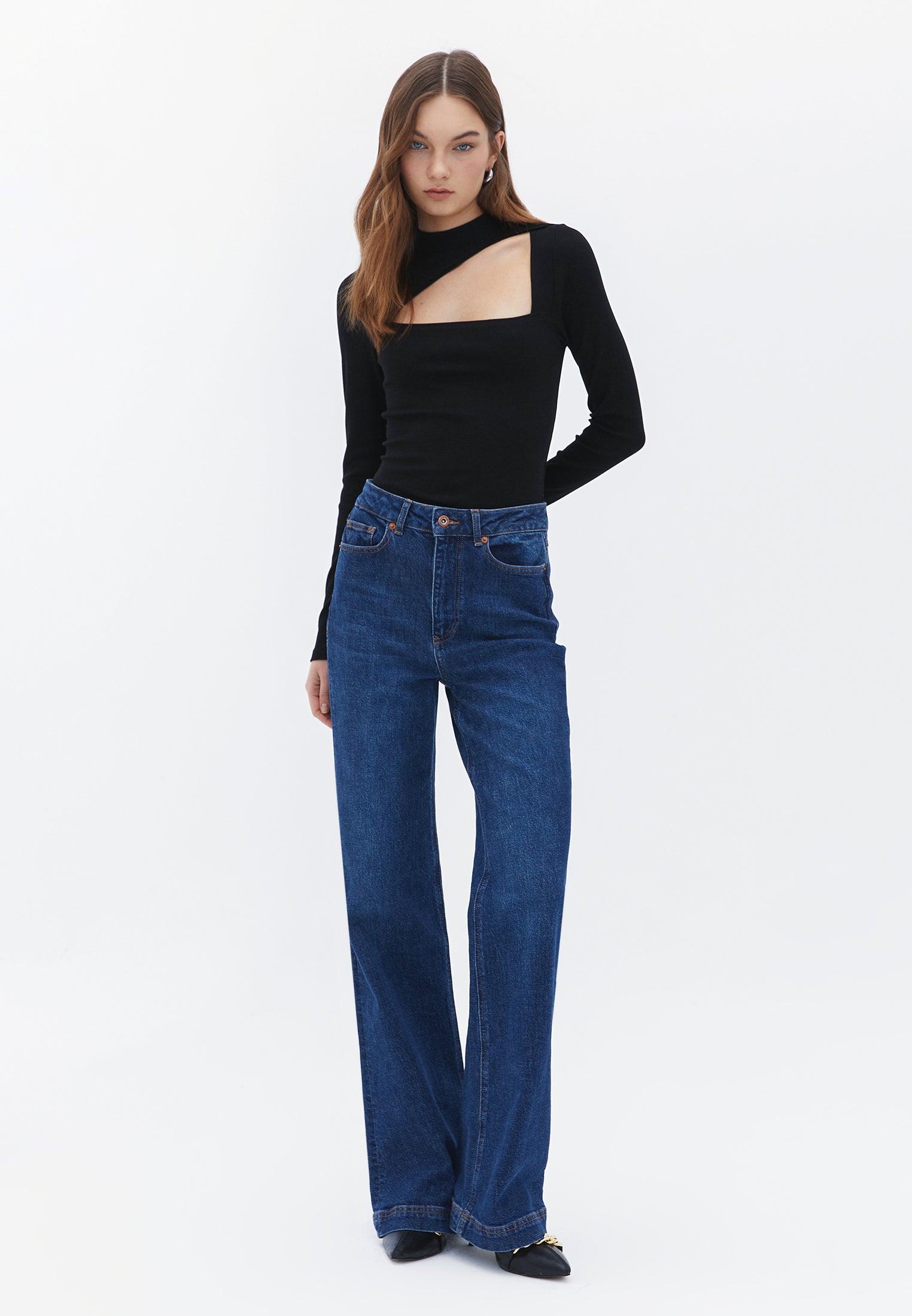 High Neck Long Sleeve Bodycon T-Shirt - BLACK