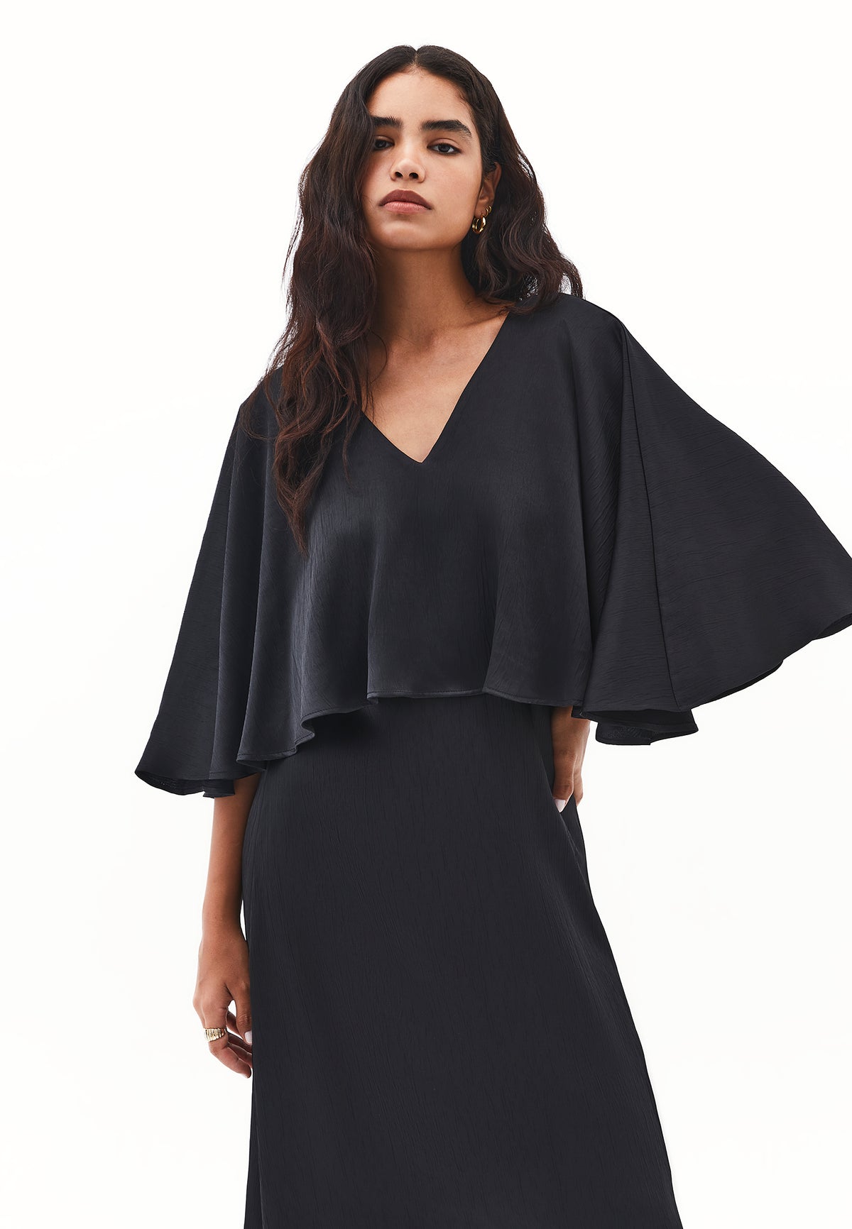 V Neck Long Dress - BLACK