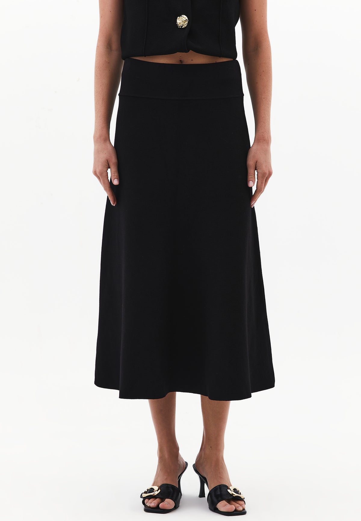 Long A-Line Skirt With Flounce Detail - BLACK