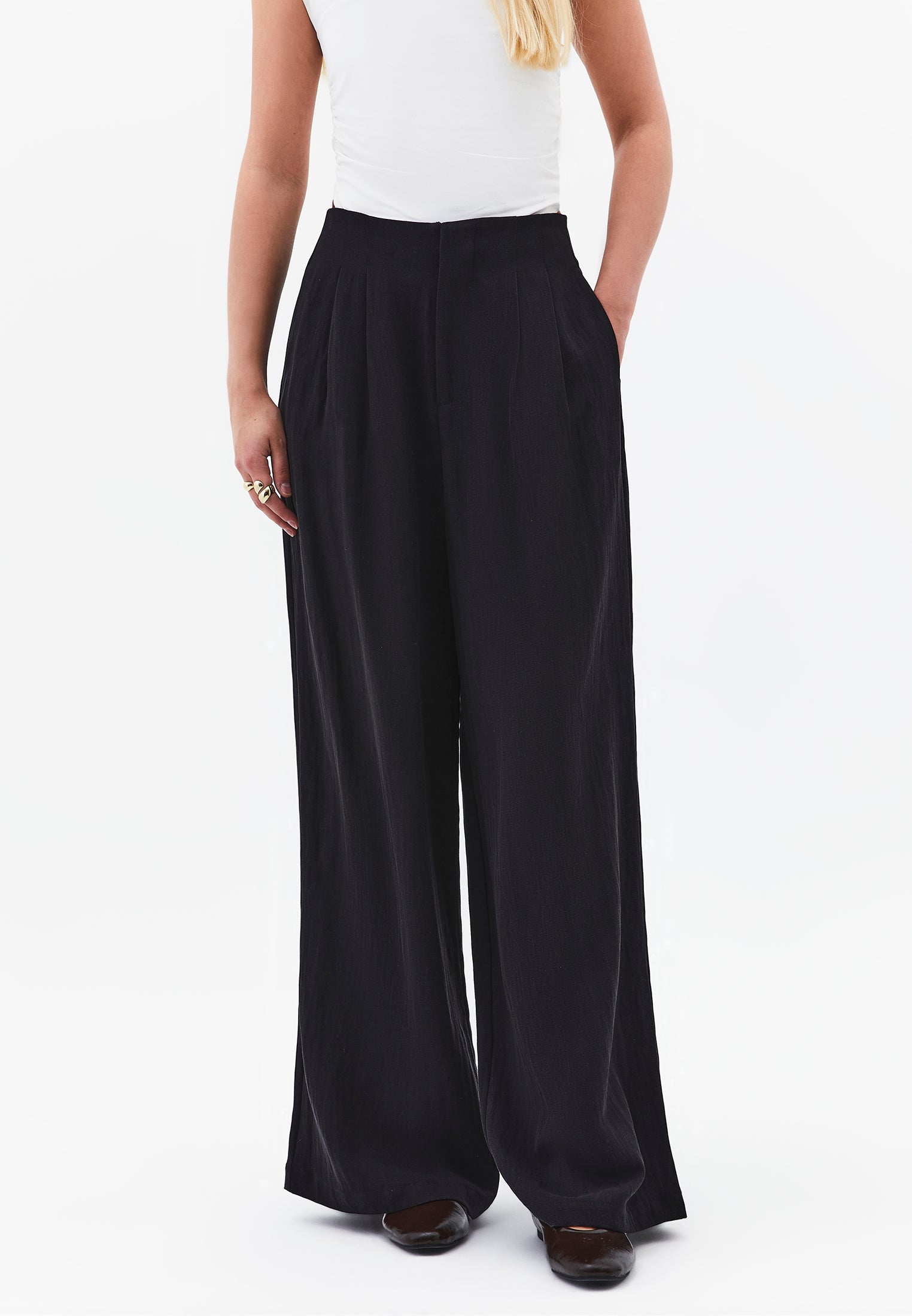 Pleated Ultra High Waist Wide Leg Pants - BLACK