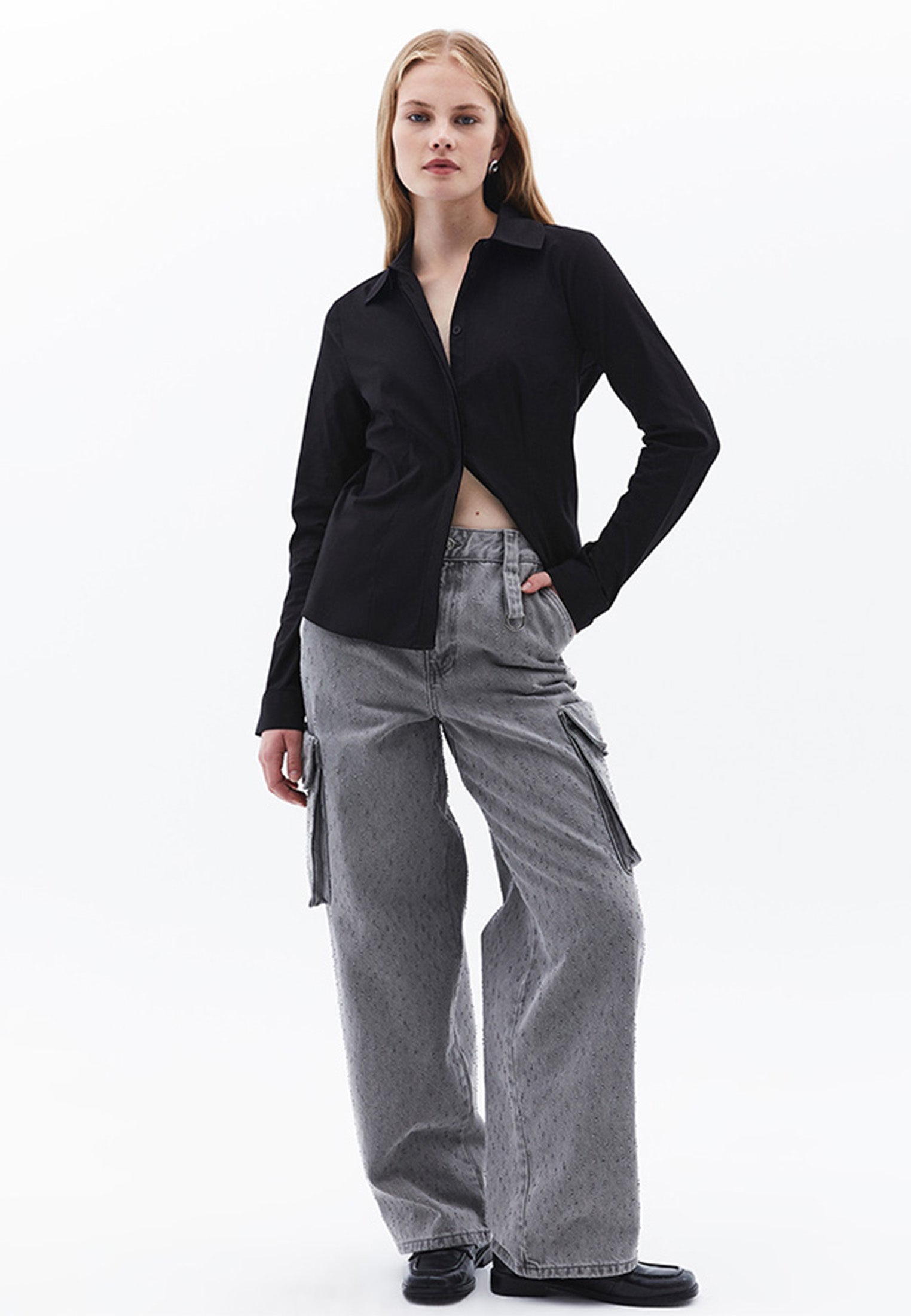 Woven Standard Long Sleeve Shirt - BLACK
