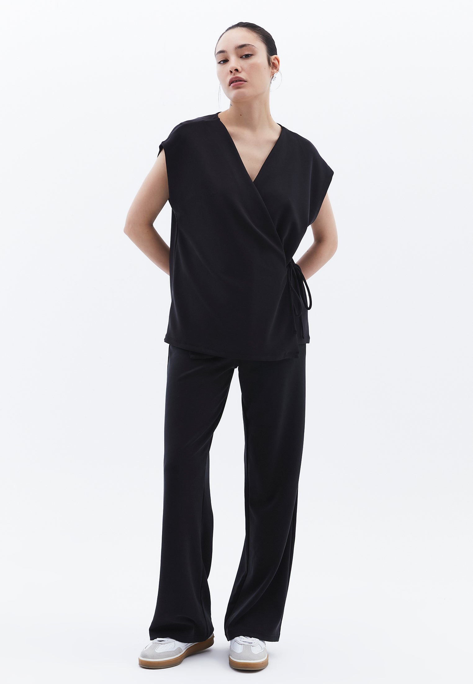 Wrap Neck Tunic Cardigan - BLACK