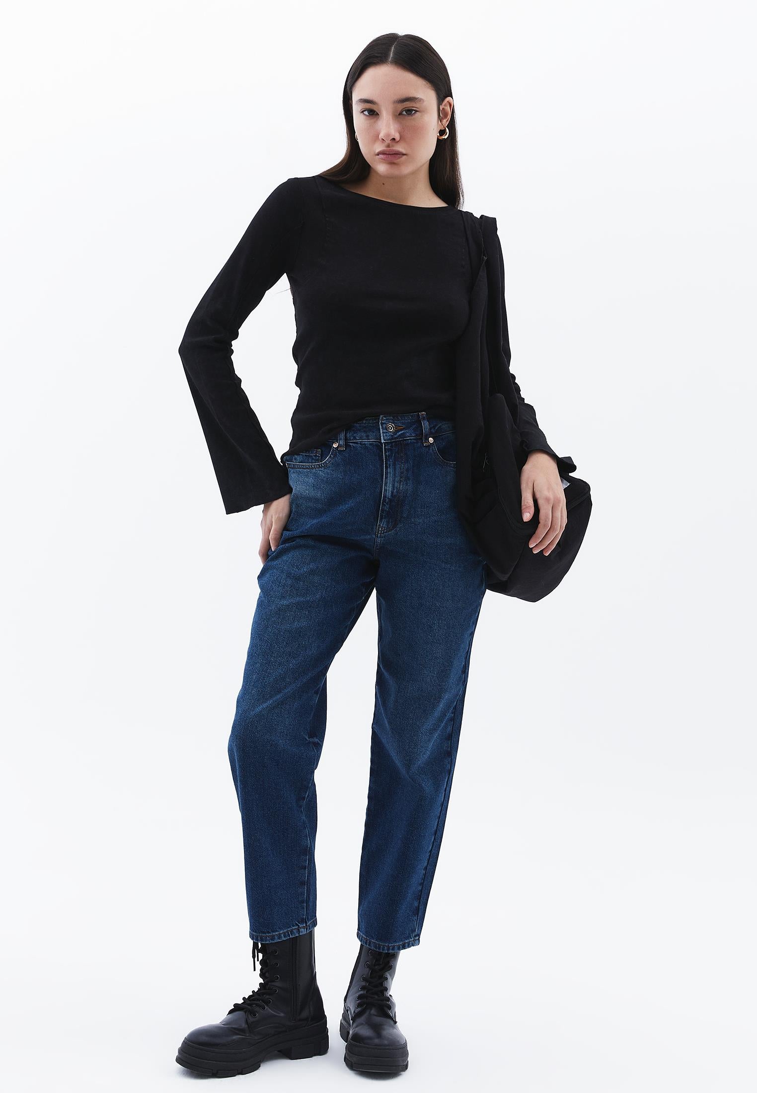Boat Neck Long Sleeve Flared Sleeve T-Shirt - BLACK