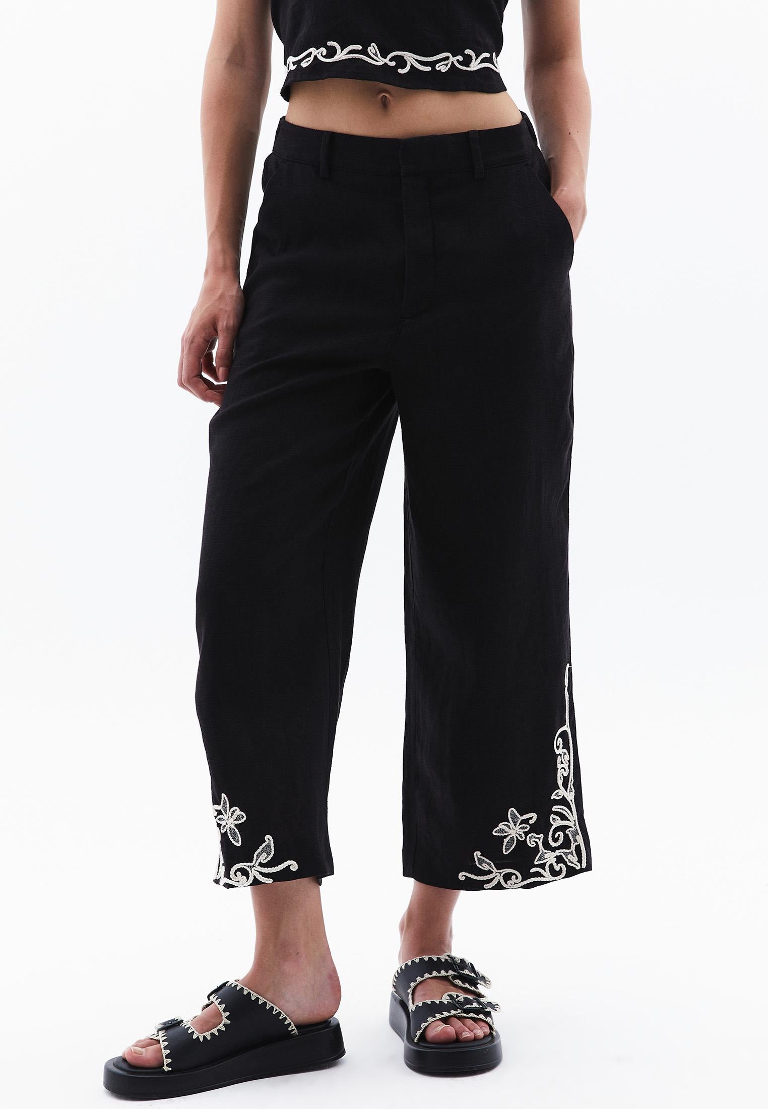 Ultra High Waist Embroidered Straight Leg Pants - BLACK