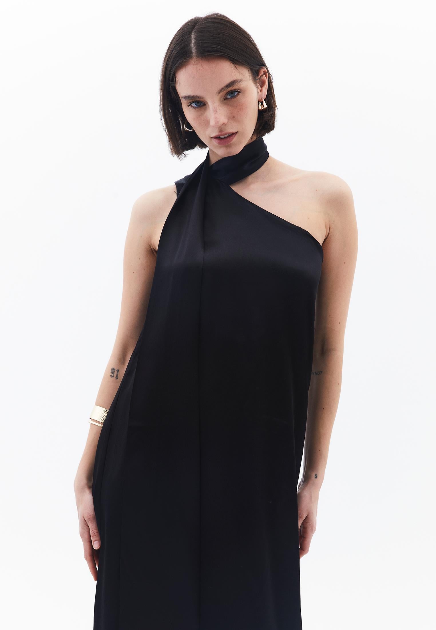 Asymmetric Collar Viscose Dress - BLACK