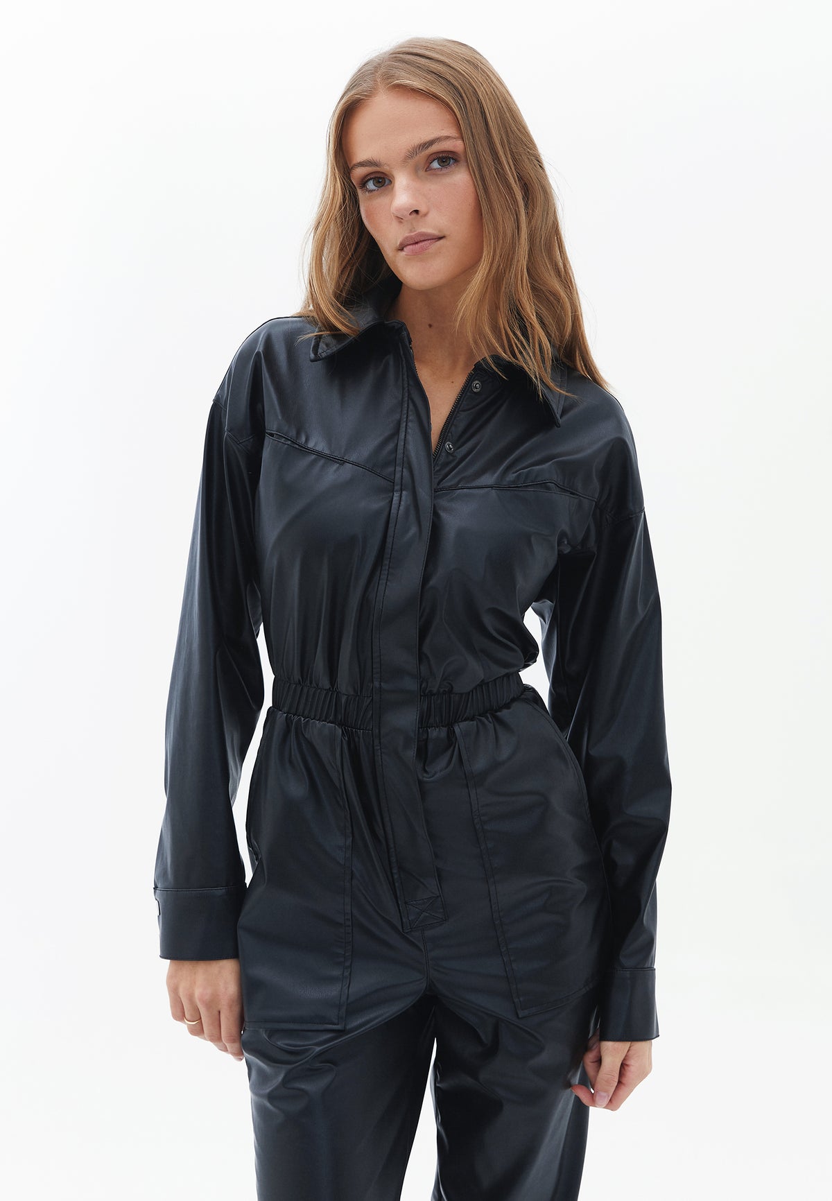 Long Sleeve Leather Jumpsuit - BLACK