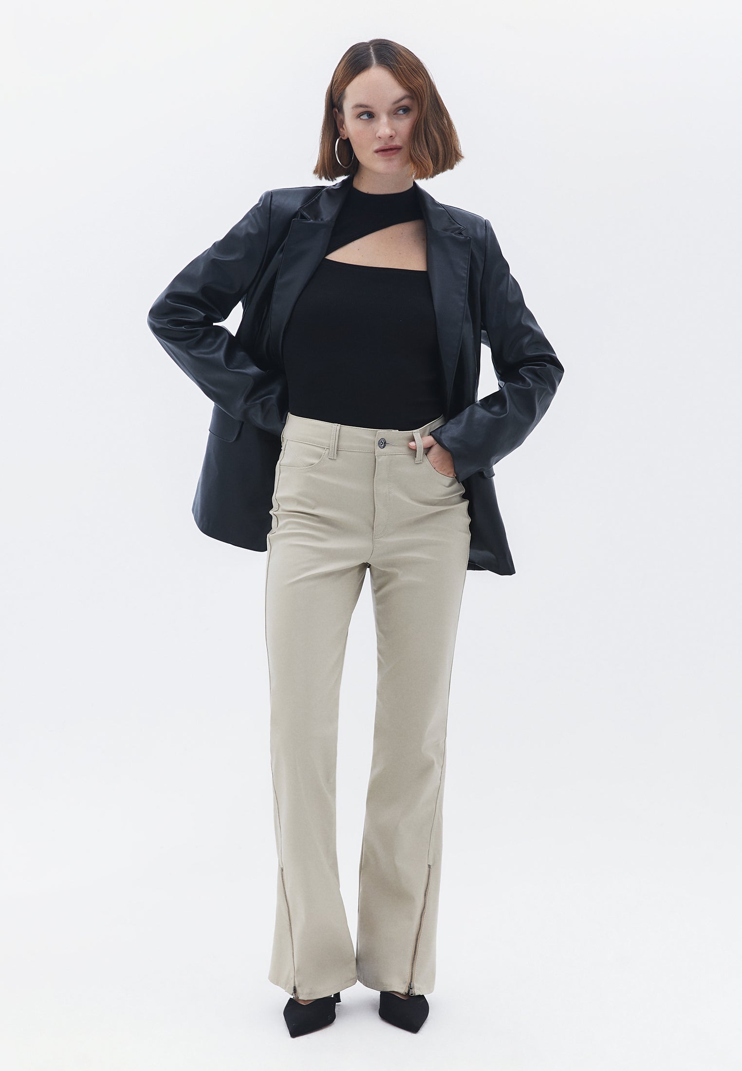 High Neck Long Sleeve Bodycon T-Shirt - BLACK