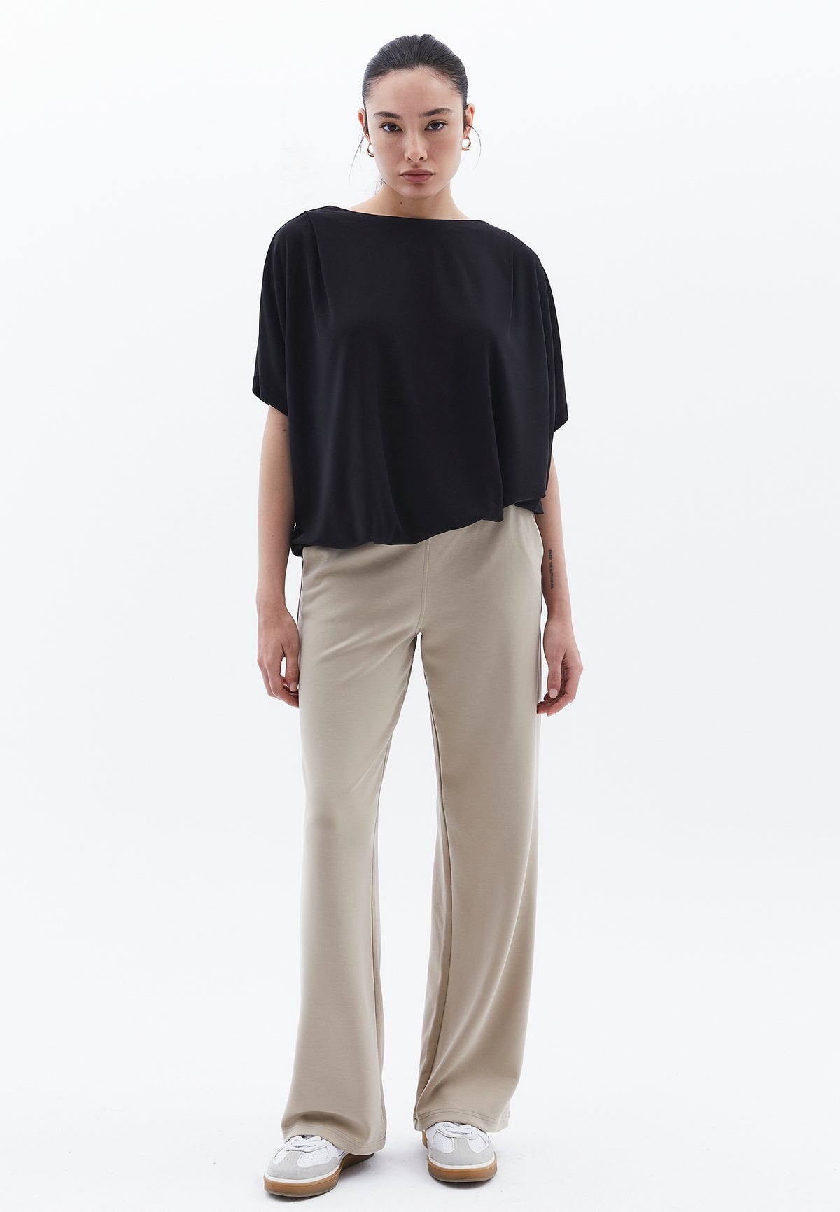 Boat Neck Batwing Sleeve Oversize Tunic T-Shirt - BLACK