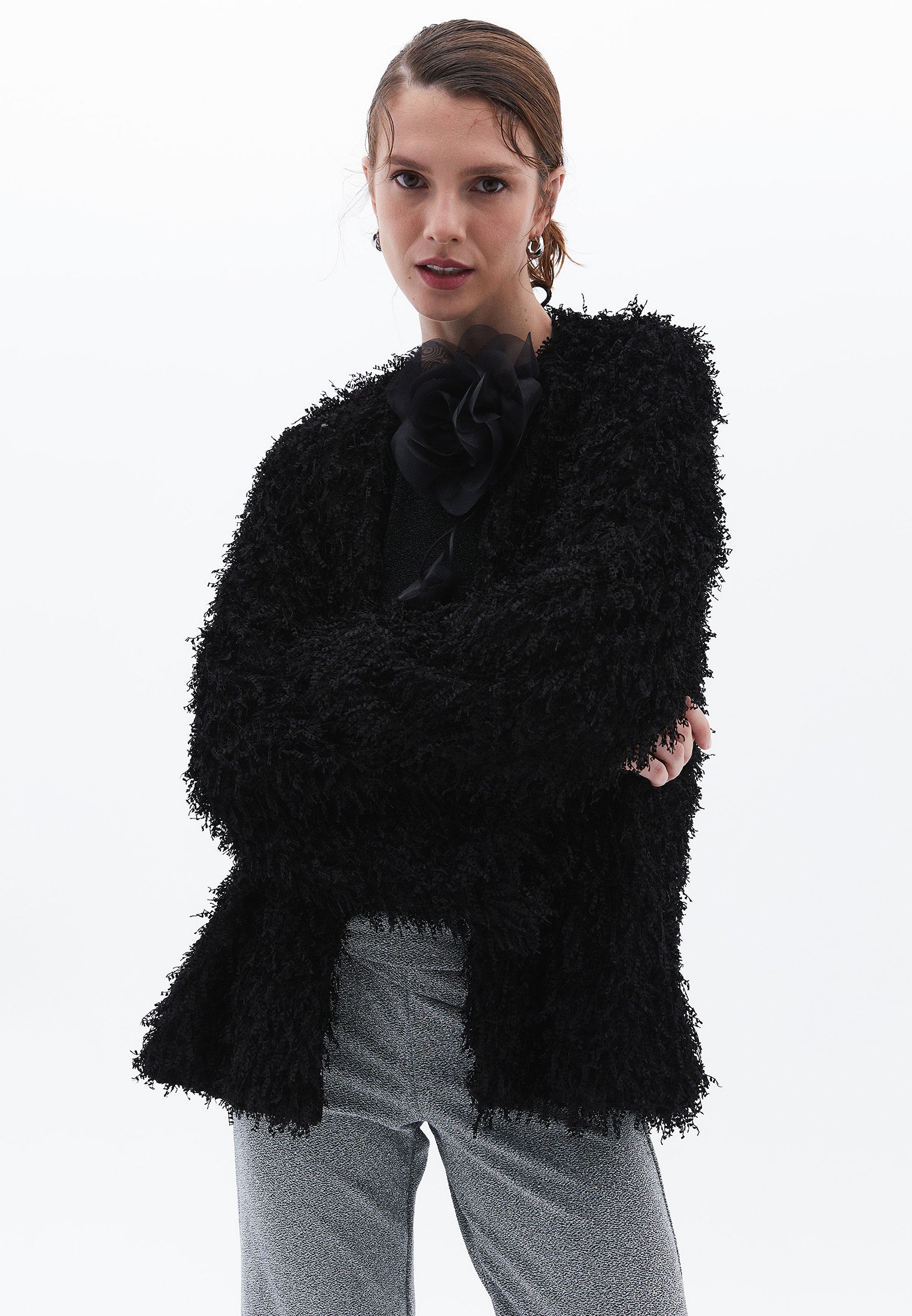 Oversize Crew Neck Long Sleeve Jacket - BLACK