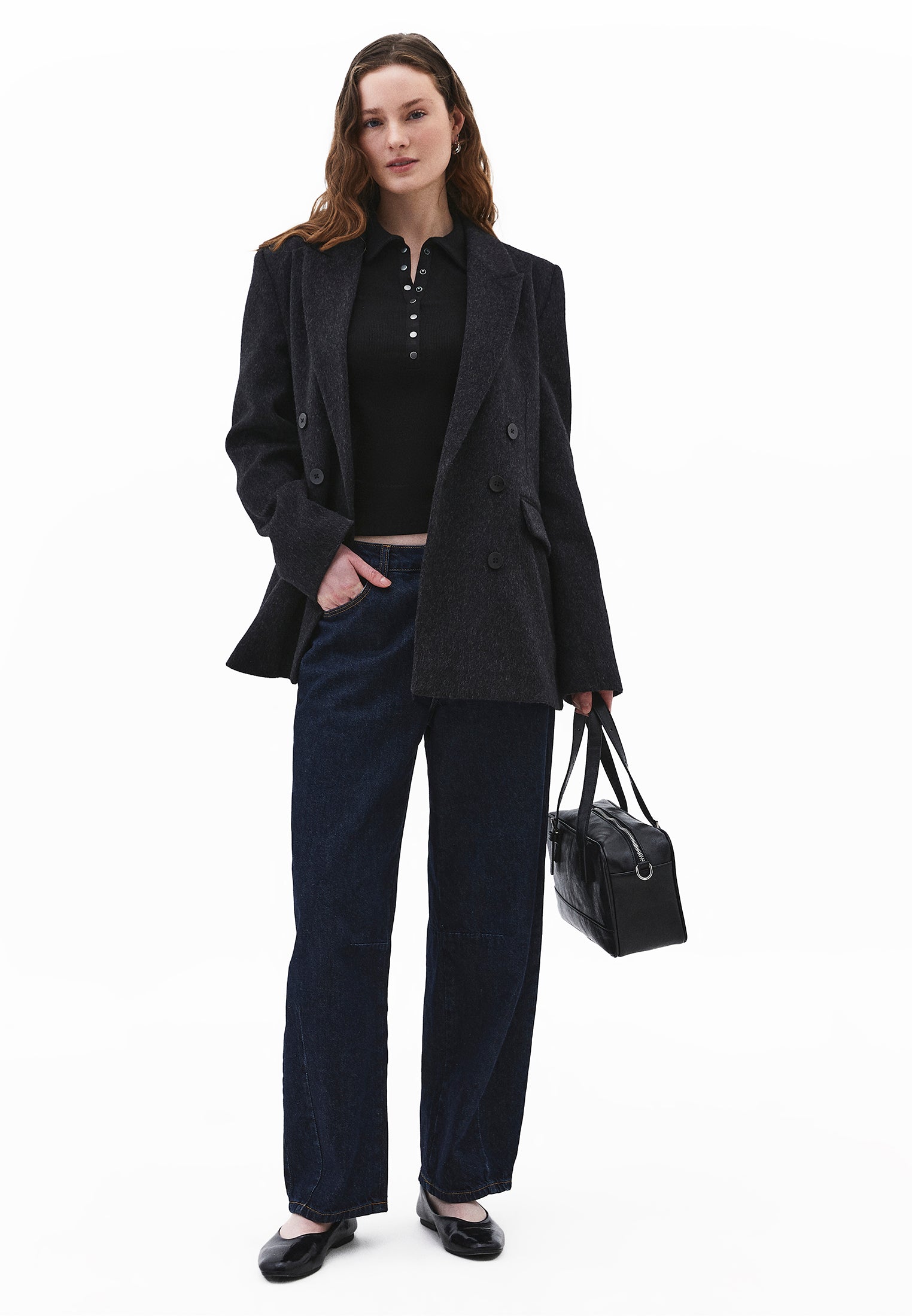 Polo Collar Long Sleeve Bodycon T-Shirt - BLACK