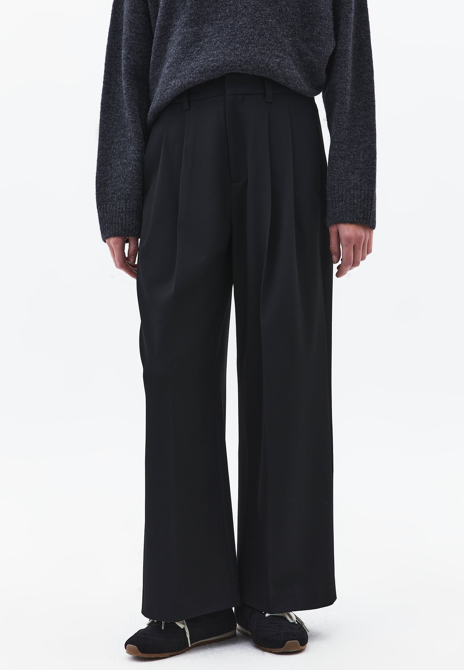 Wide Leg High Waist Pants - BLACK