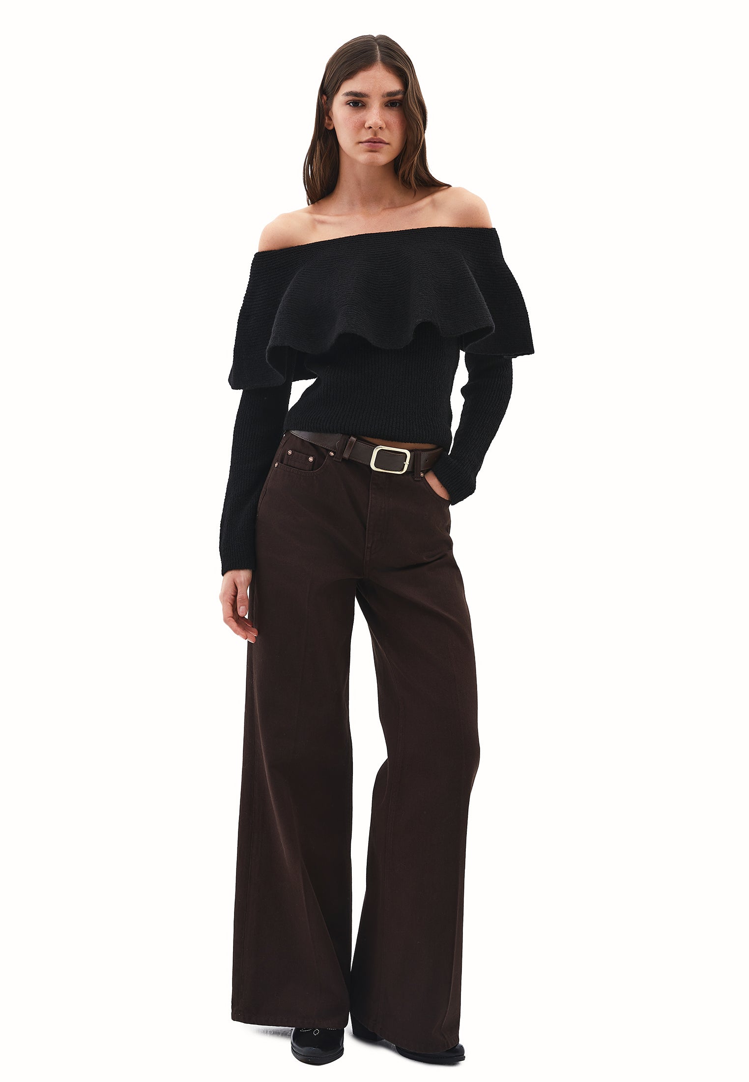 Dropped Shoulder Knit Sweater - BLACK