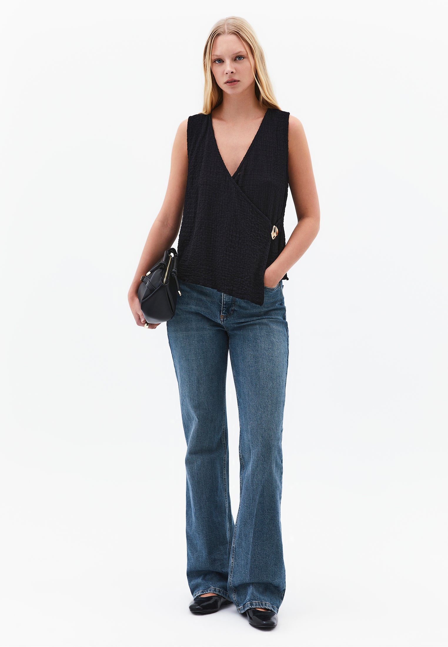 V Neck Blouse Without Sleeve Detail - BLACK