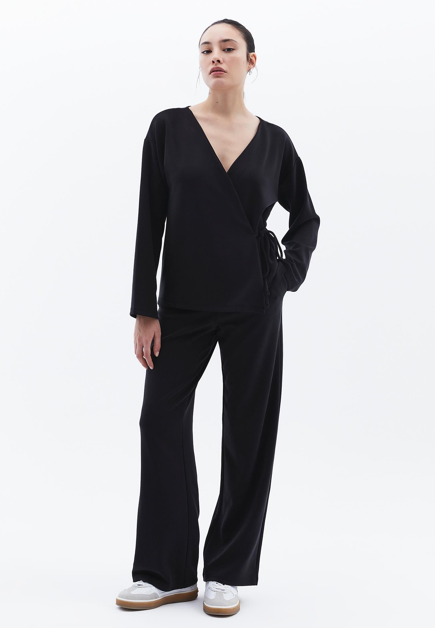 Long Cardigan With Wrap Neckline - BLACK