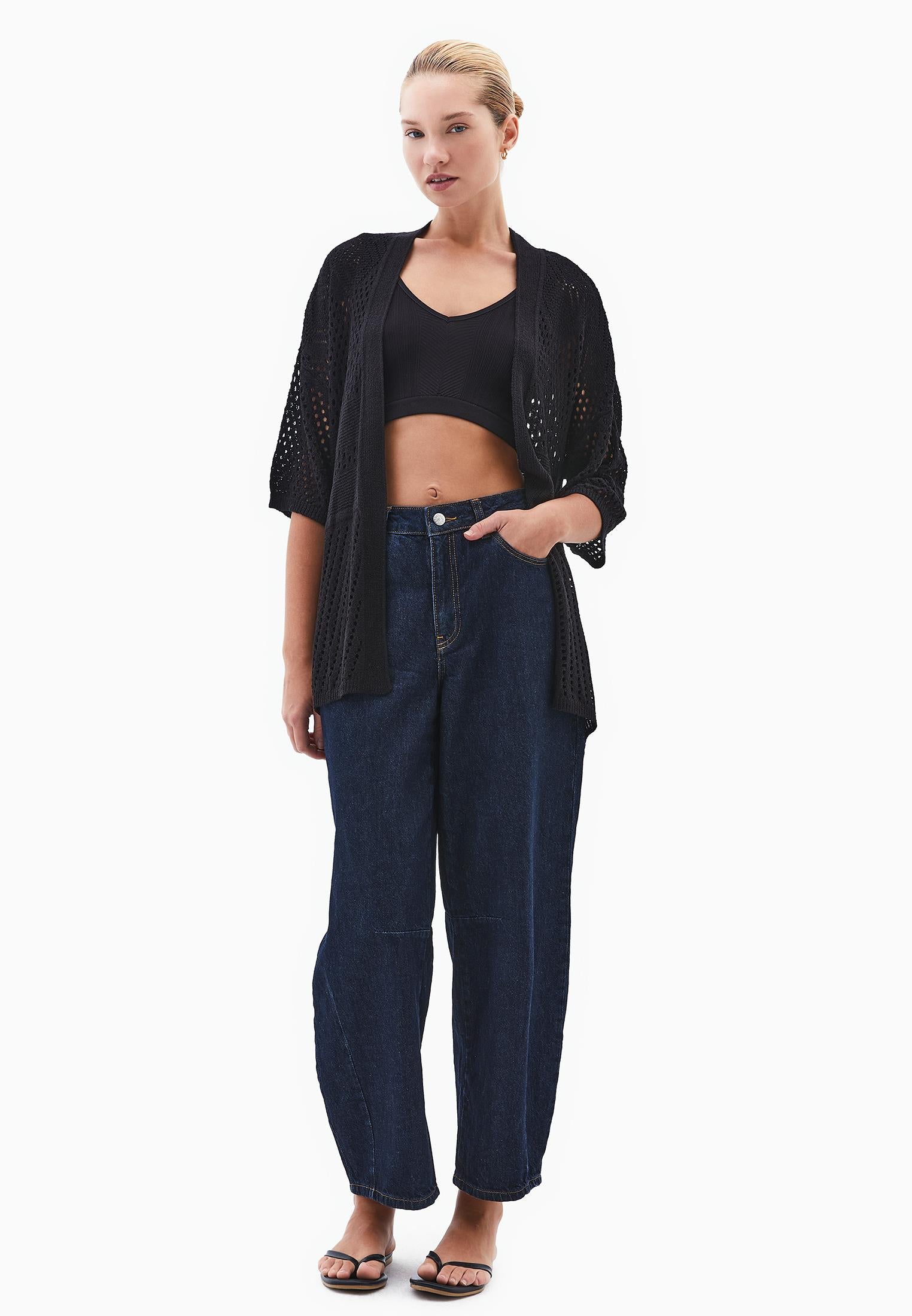 Midi Cardigan With Ajour Details - BLACK