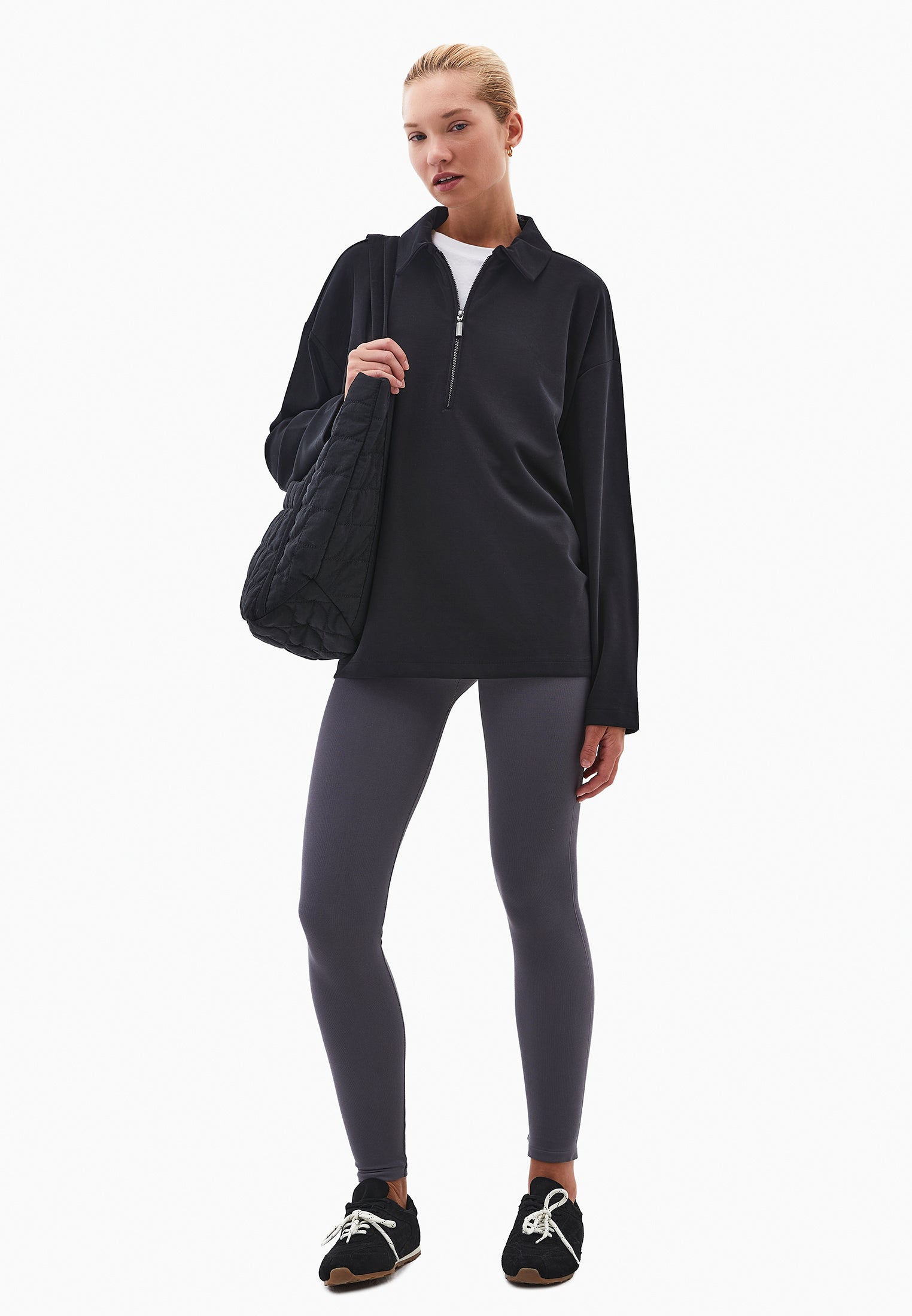 Polo Neck Oversize Sweatshirt - BLACK