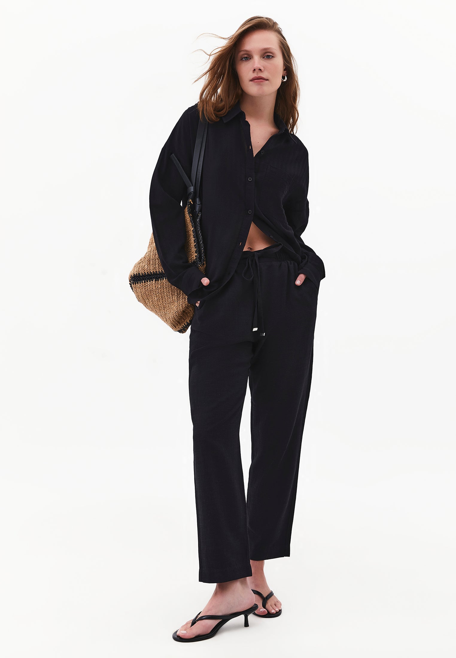 Long Sleeve Oversized Woven Shirt - BLACK