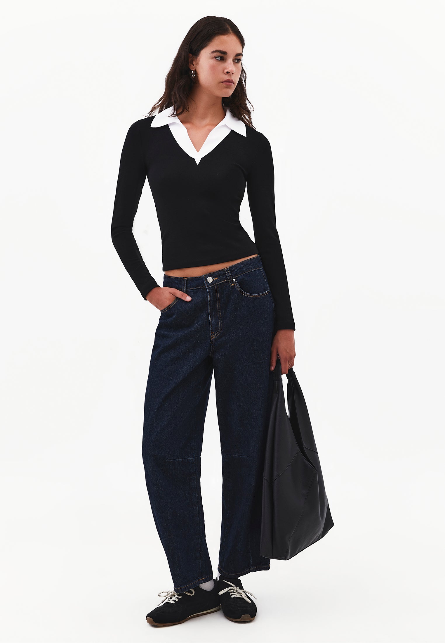Polo Neck Long Sleeve Bodycon T-Shirt - BLACK