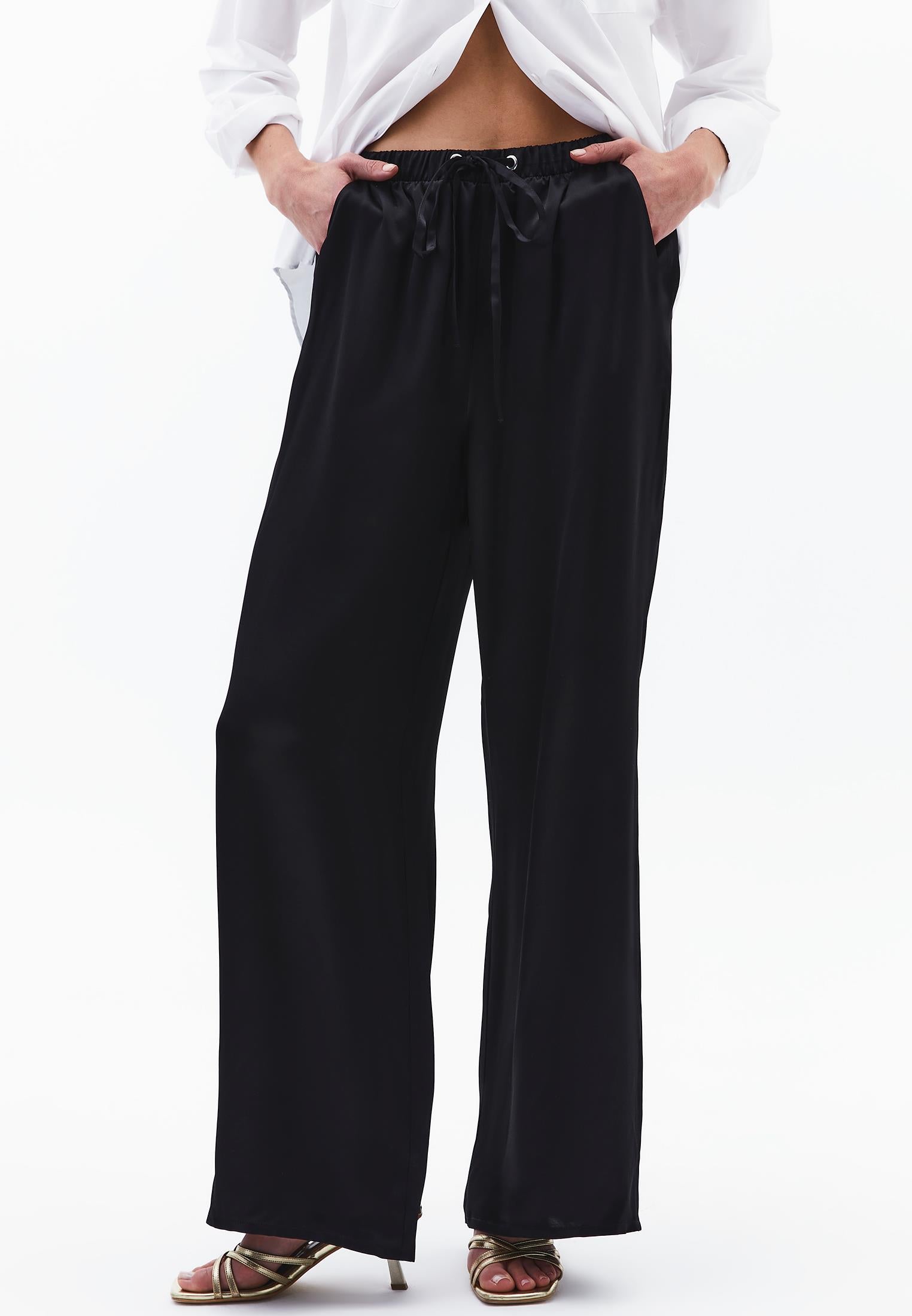 Wide Leg High Waist Elastic Waistband Trouser - BLACK