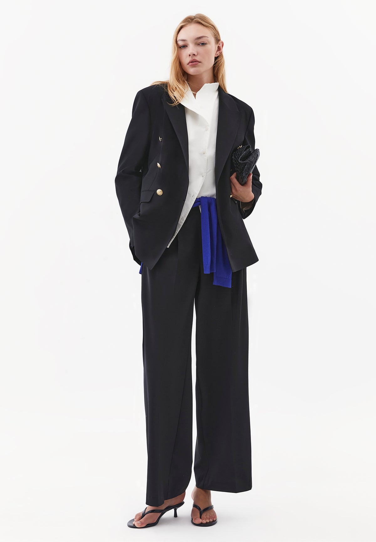 Double-Breasted Blazer Jacket with Button Details - BLACK