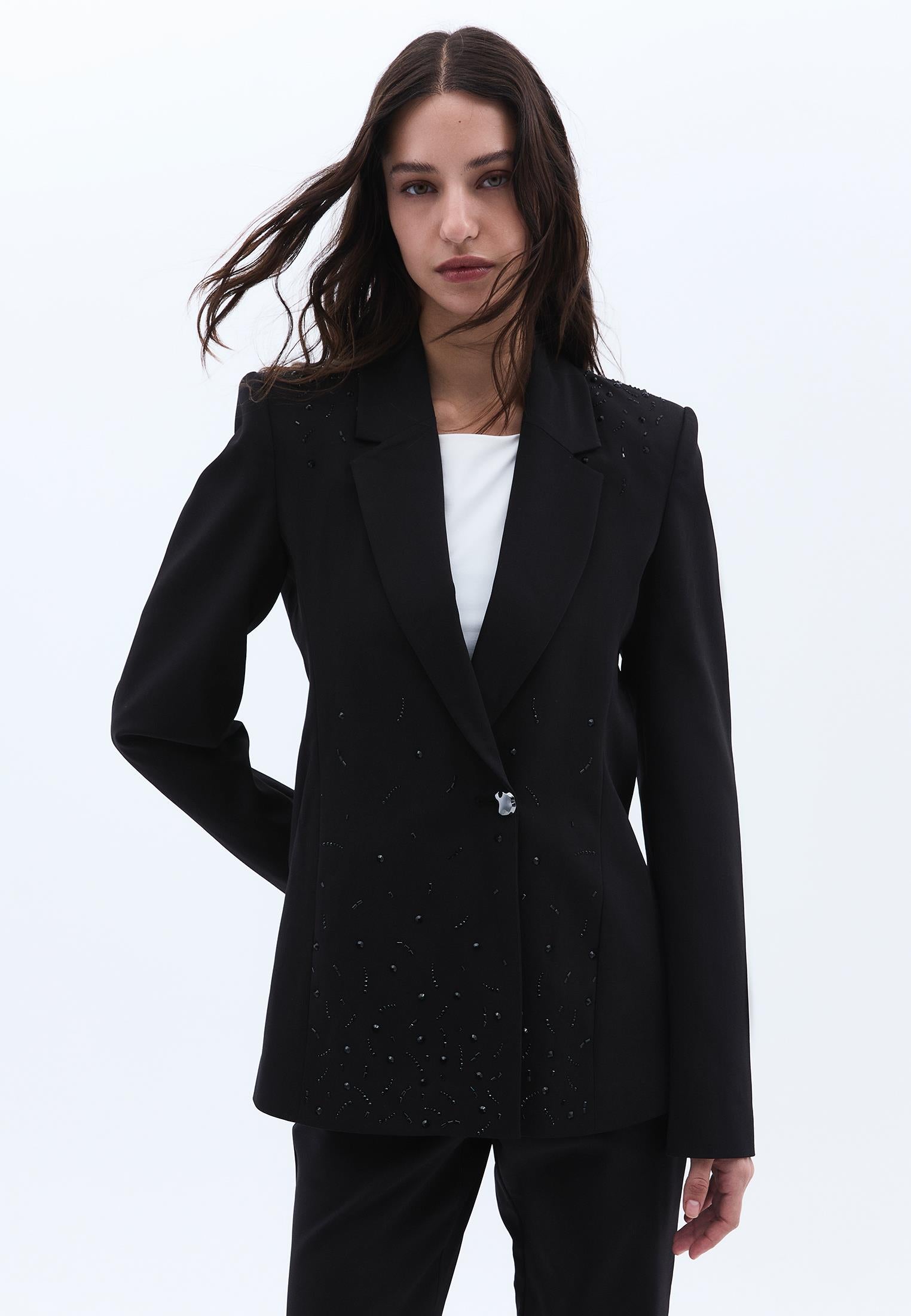 Shawl Collar Woven Blazer - BLACK