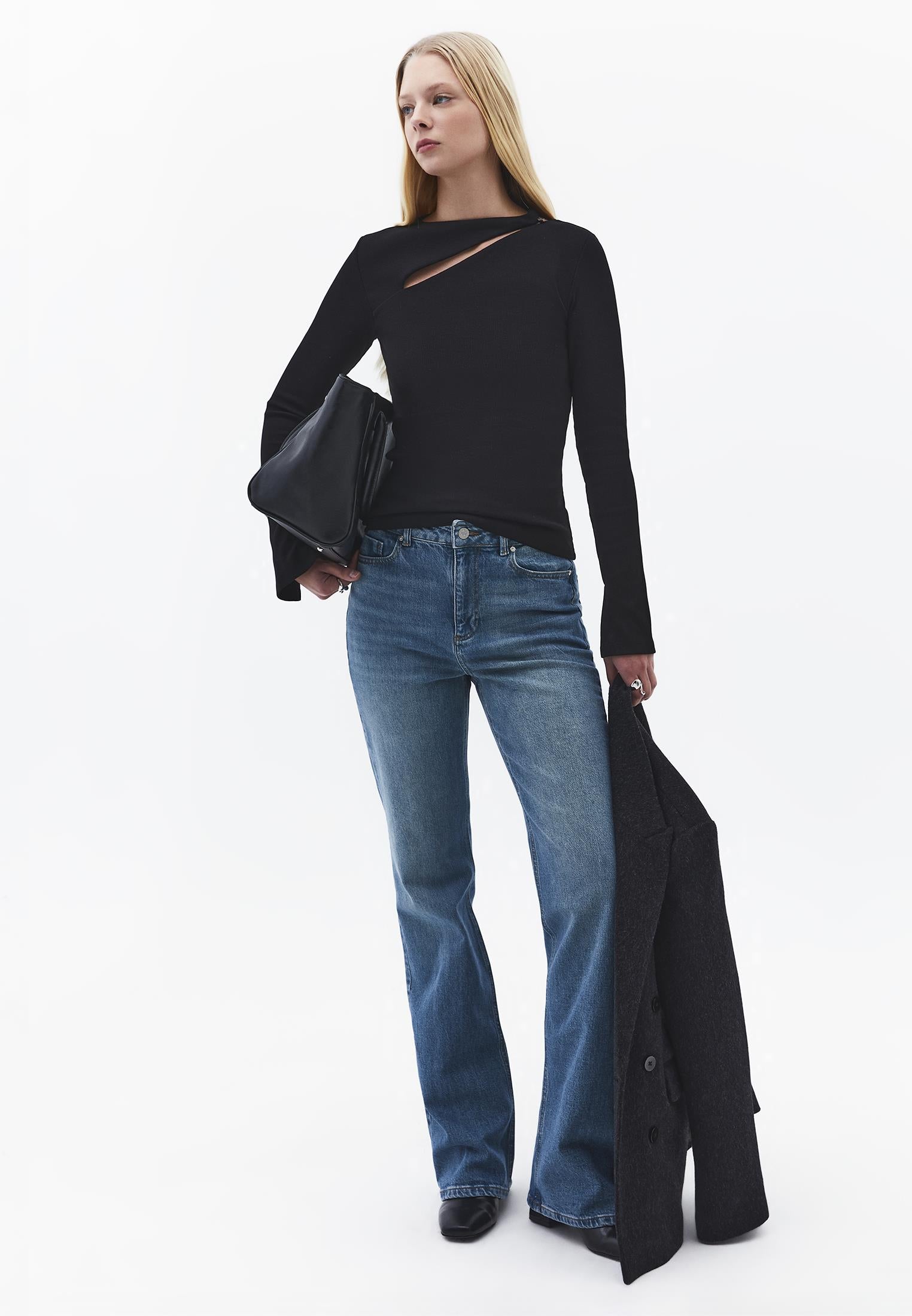 Asymmetric Cutout Long Sleeve Bodycon T-Shirt - BLACK
