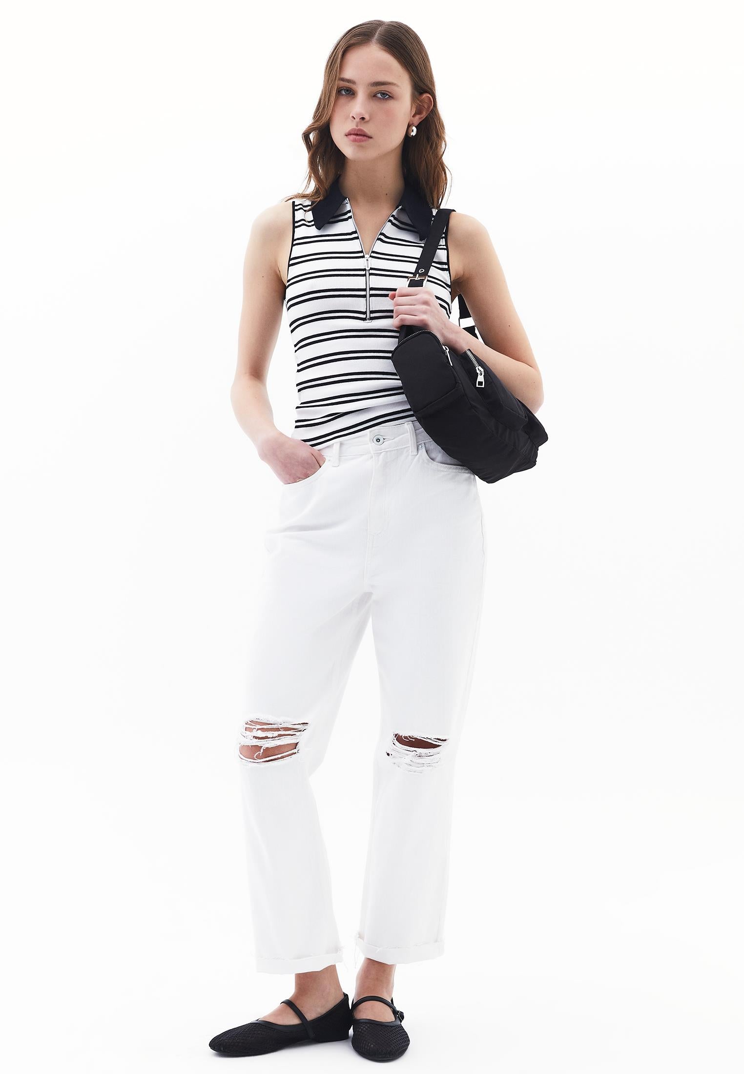 Polo Collar Tank Top - WHITE/BLACK