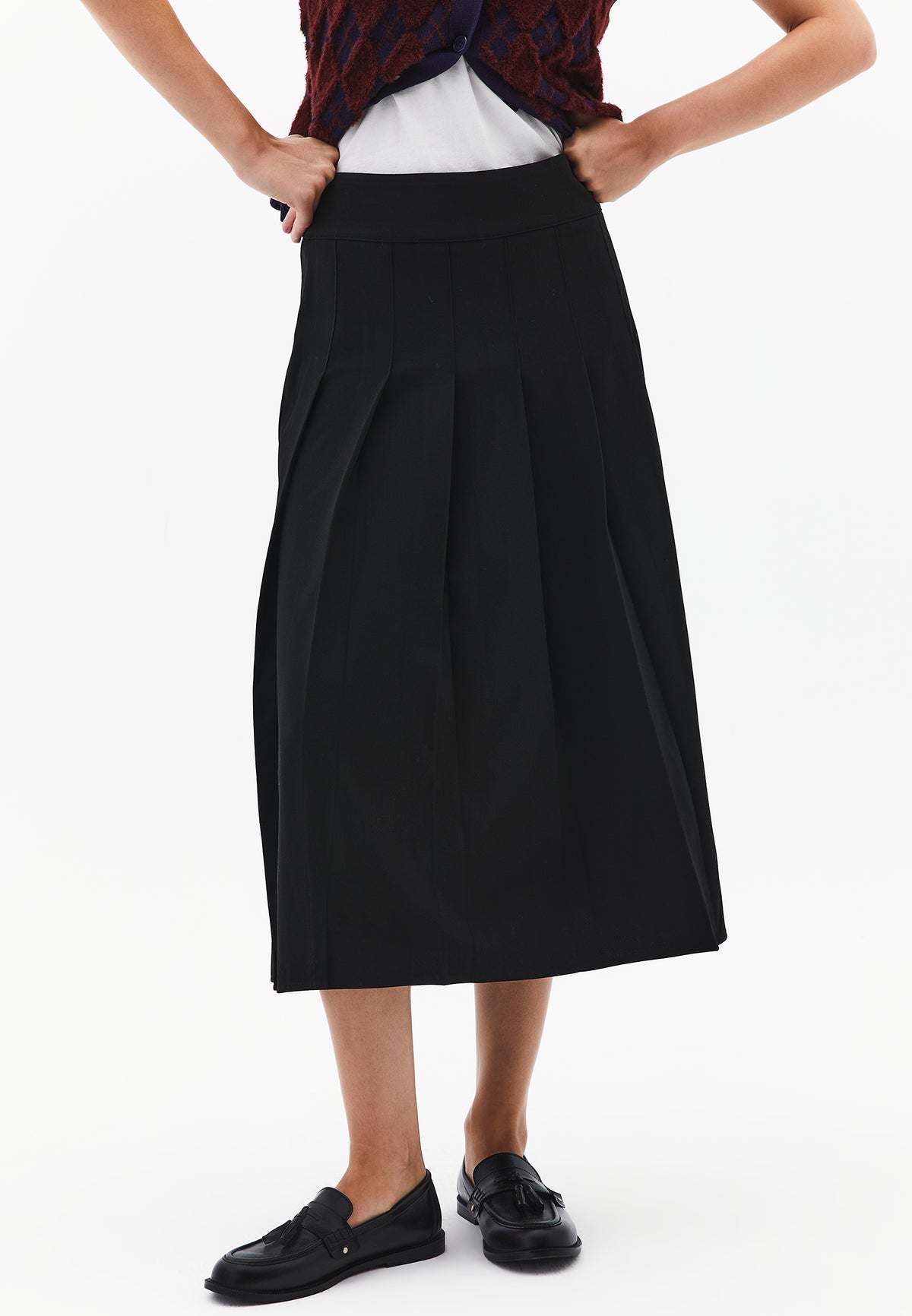 Long Pleated A-Line Skirt - BLACK