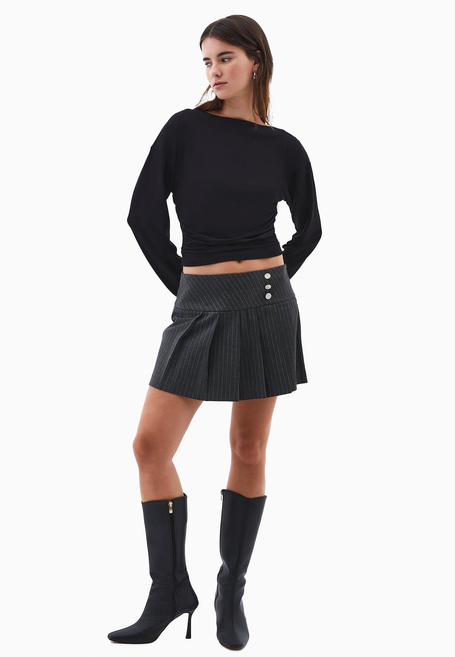 Boat Neck Long Sleeve T-Shirt - BLACK