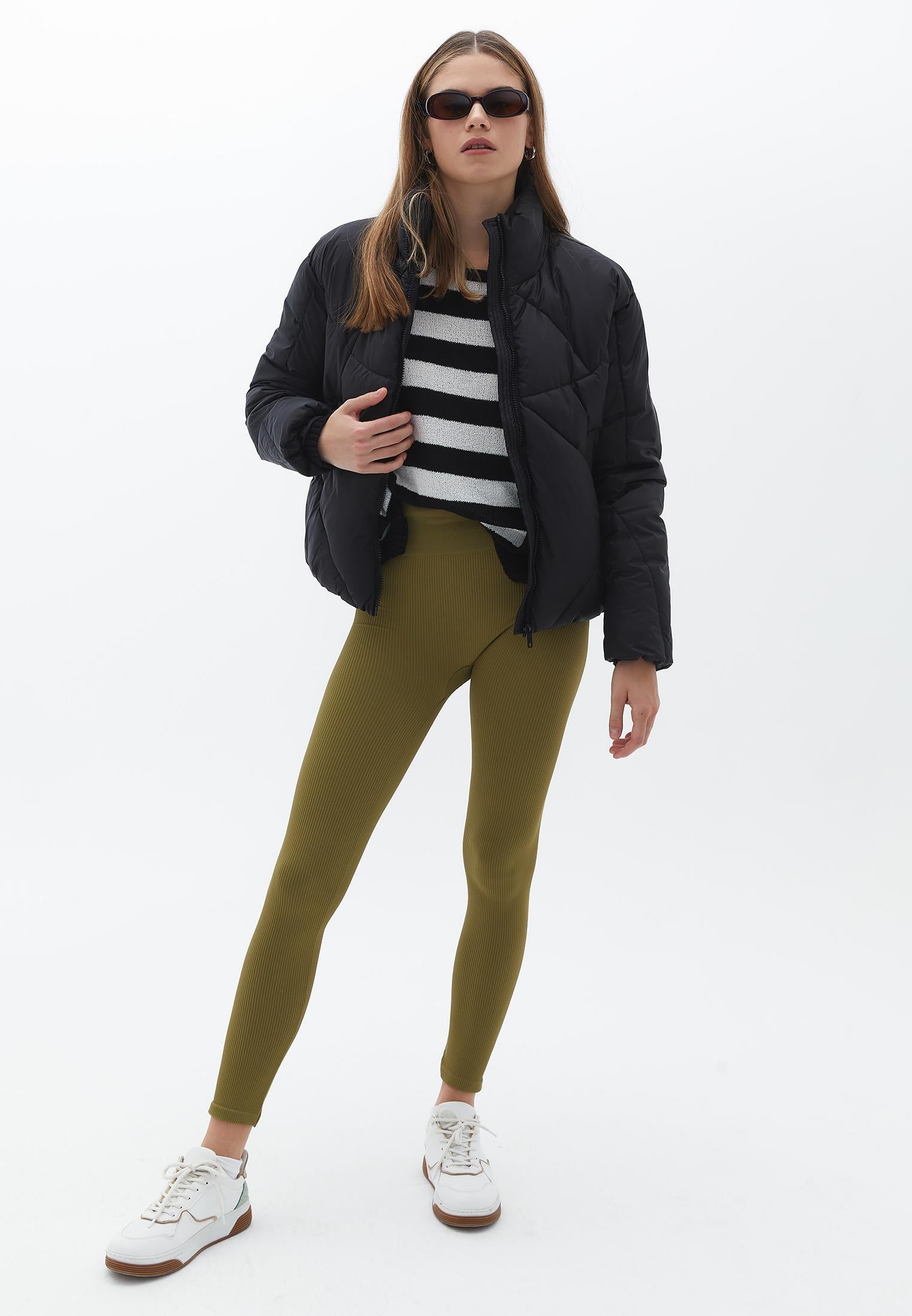 High Neck Long Sleeve Coat - BLACK