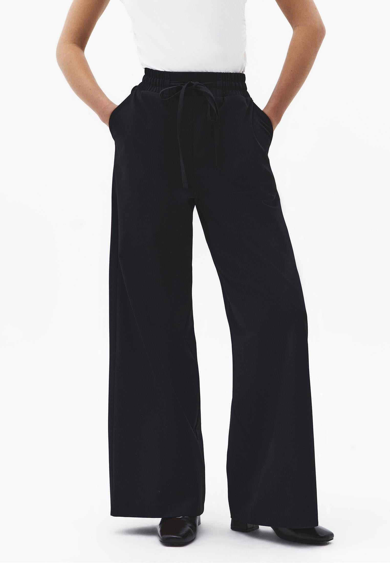 Wide Leg High Waist Elastic Waistband Pants - BLACK