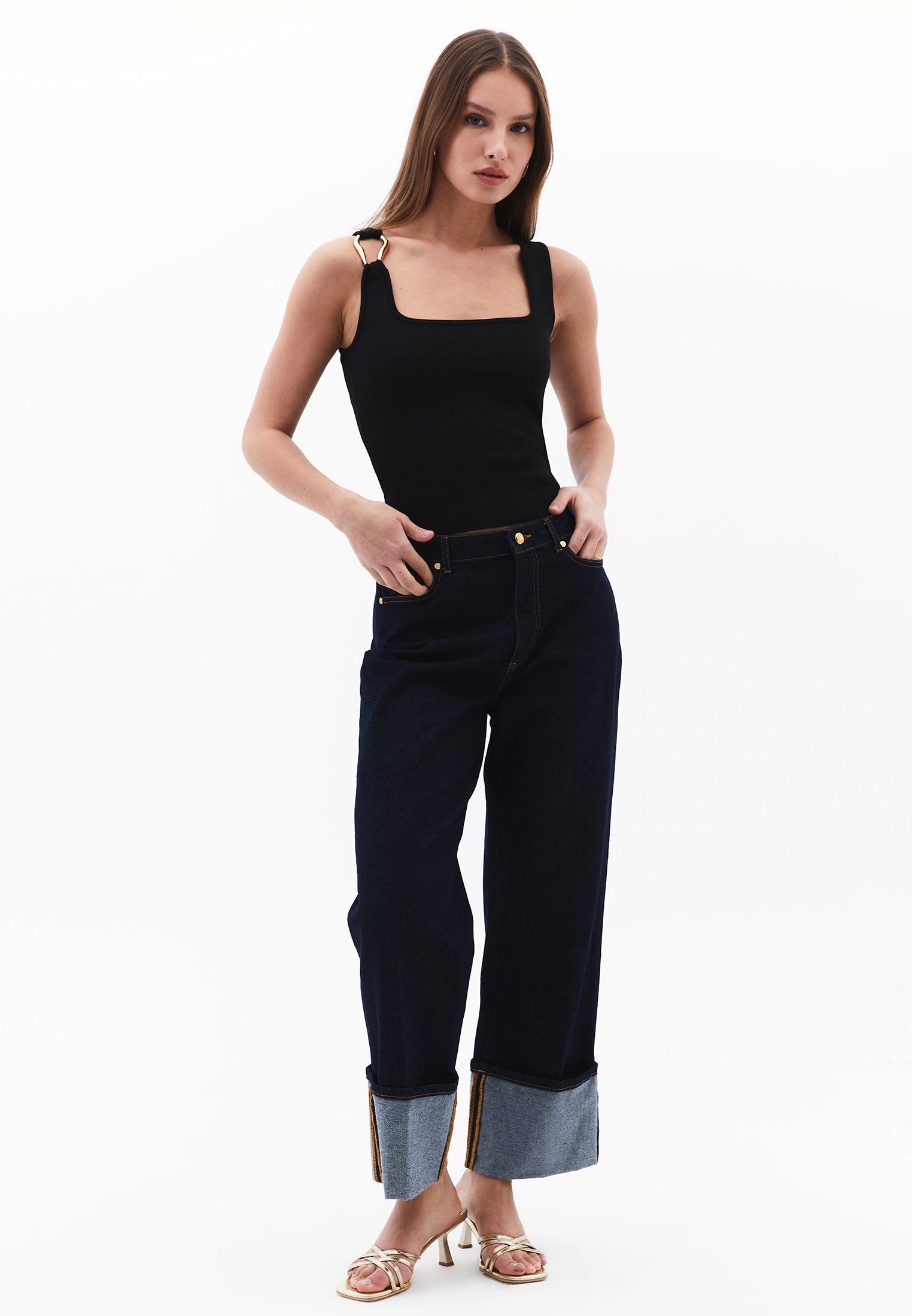 Buckled Crew Neck Tank Top - BLACK