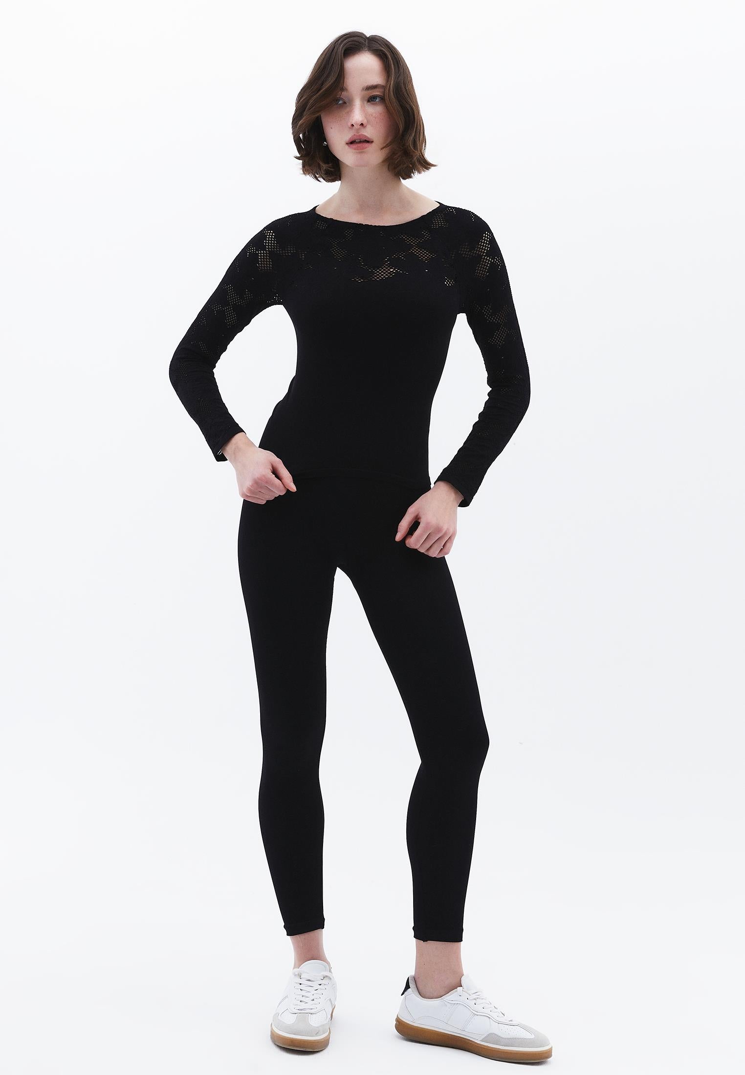 Jacquard Boat Neck Bodycon T-Shirt Long Sleeve - BLACK