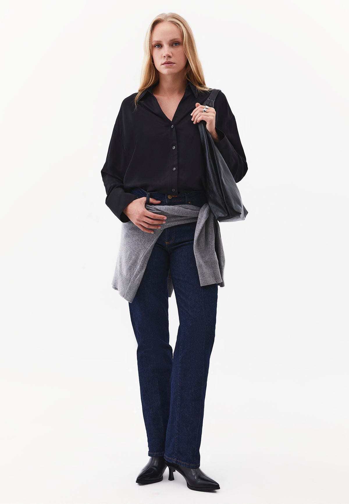 Long Sleeve Shirt with Button Detail and Shirt Collar - BLACK