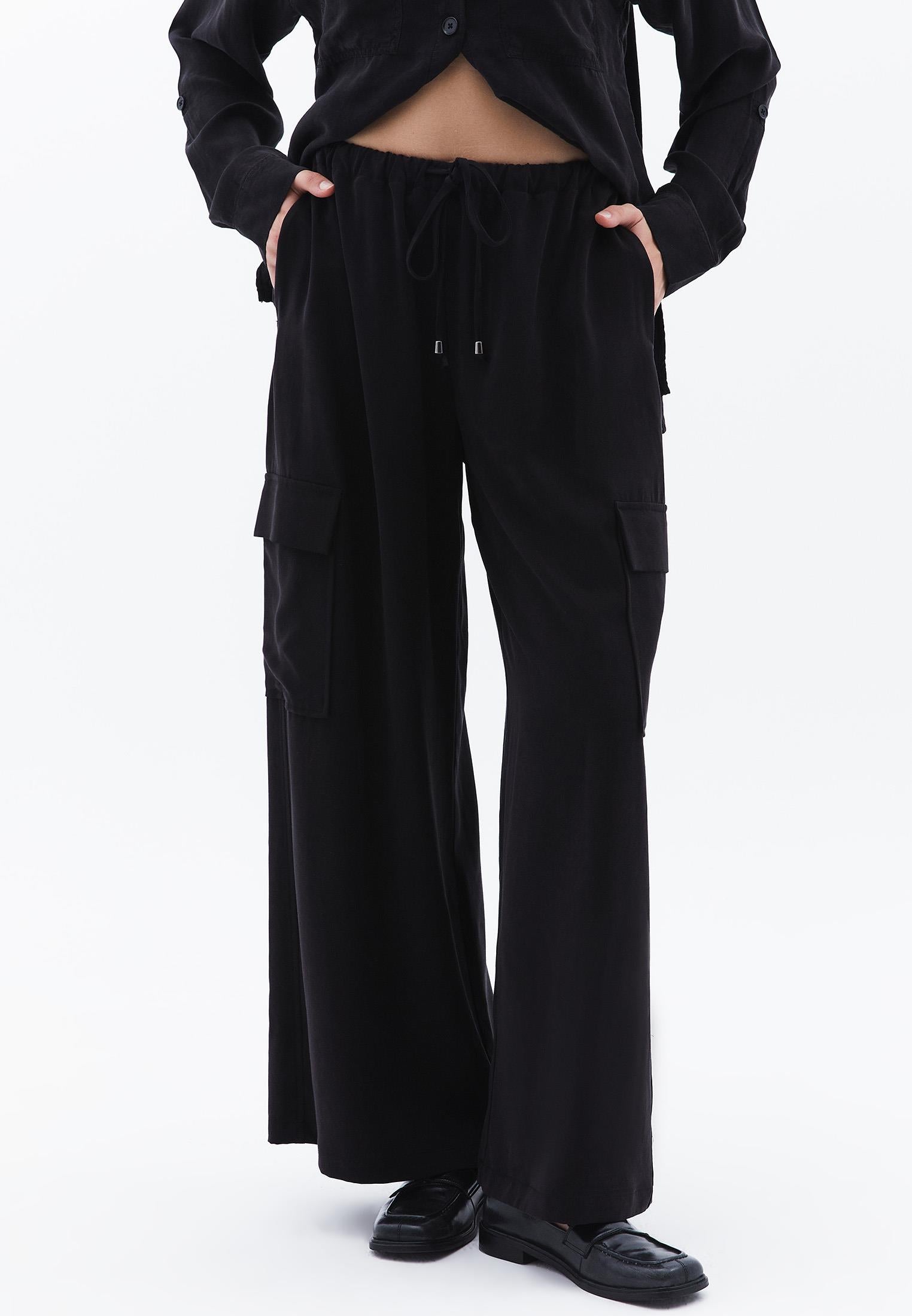 Wide Leg Elastic Women Trousers - BLACK
