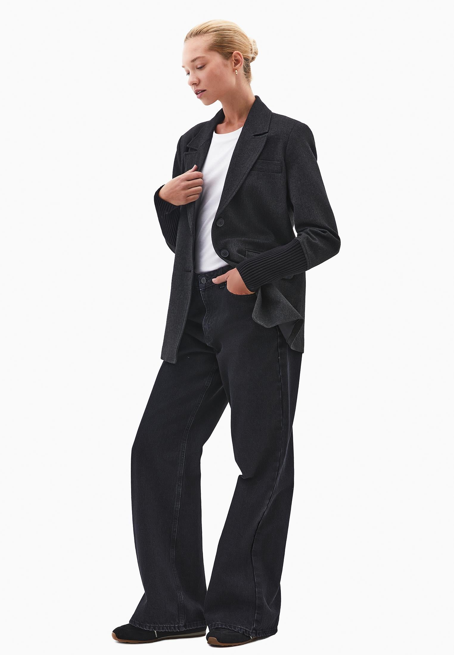 Double-Breasted Long-Sleeve Blazer Jacket - BLACK