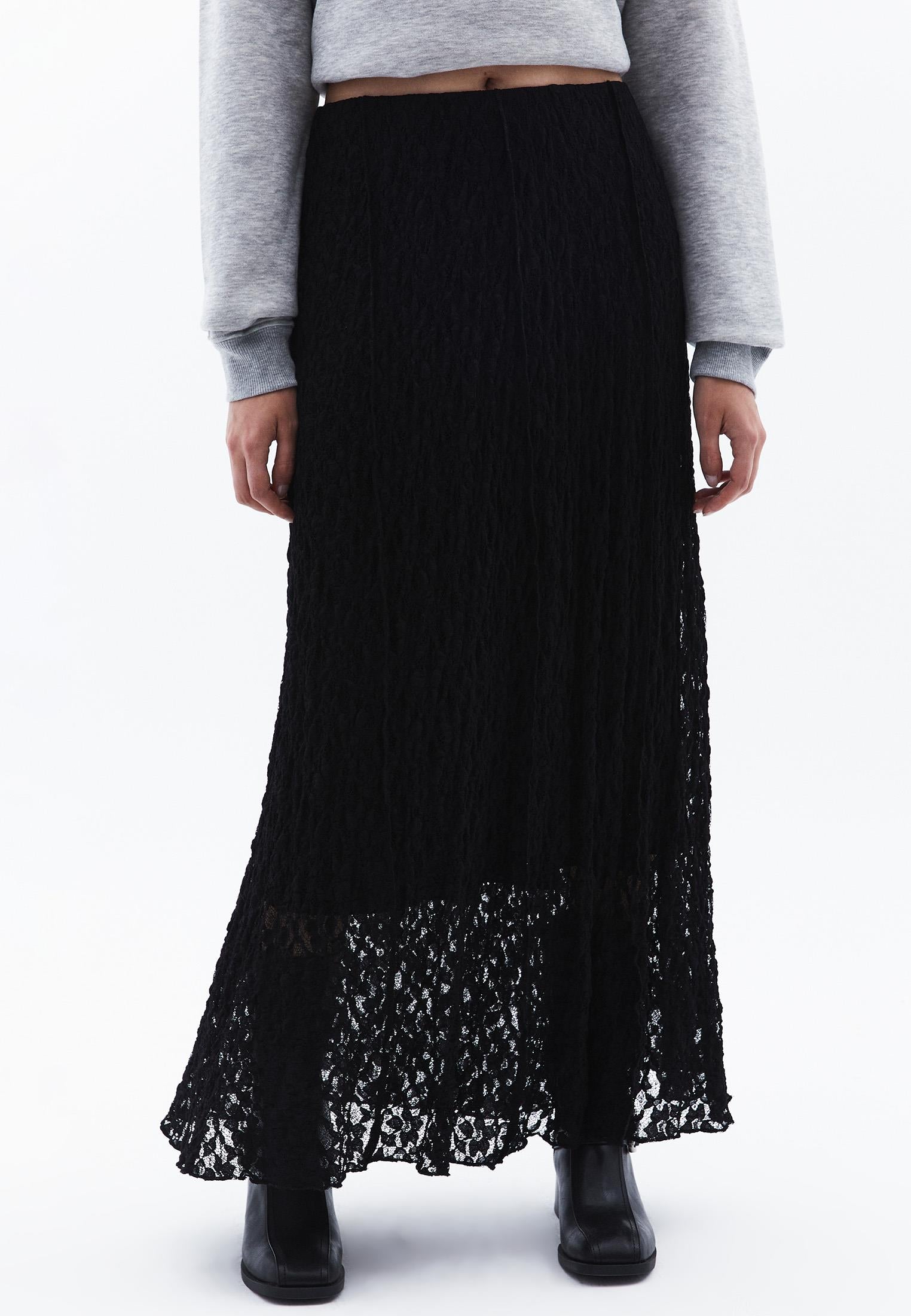 High Waist Elastic Long A-Line Skirt - BLACK