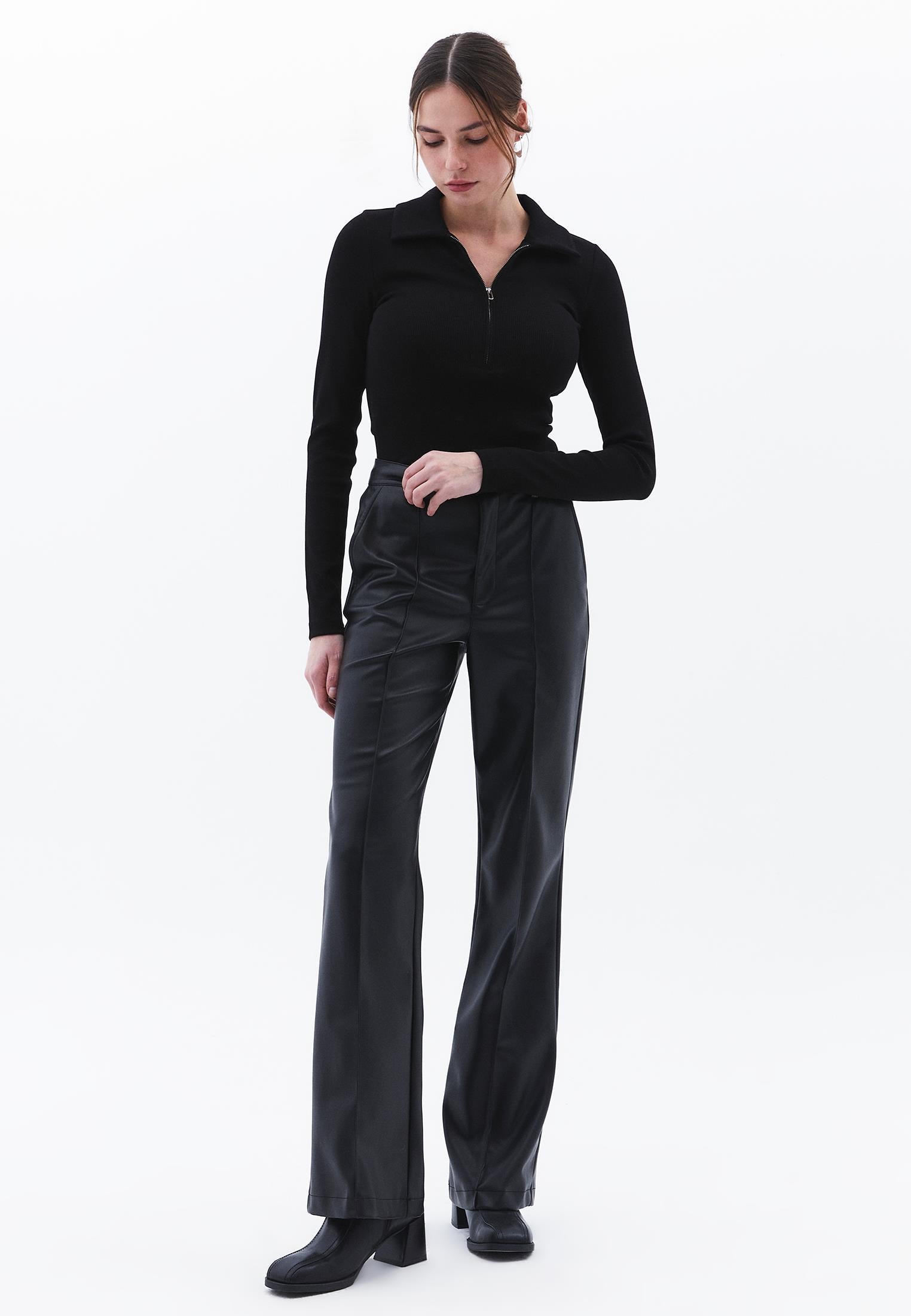 Long Sleeve Polo Collar Zipper Detail T-Shirt - BLACK