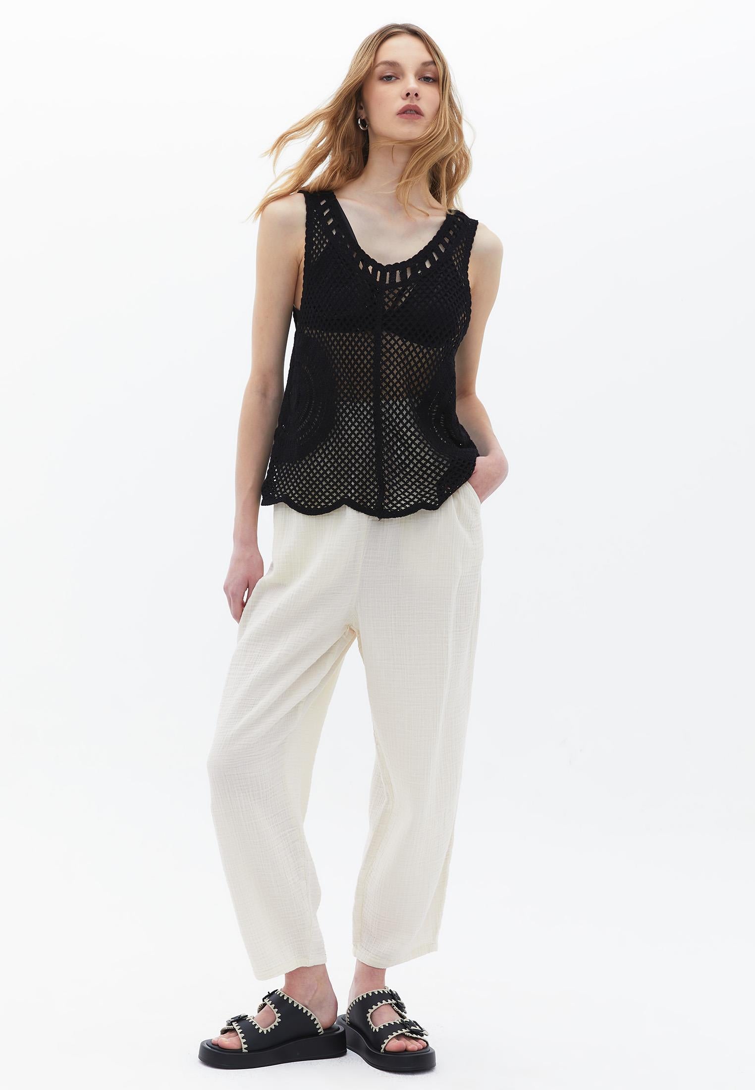 Sleeveless Boho Style V Neck Blouse - BLACK