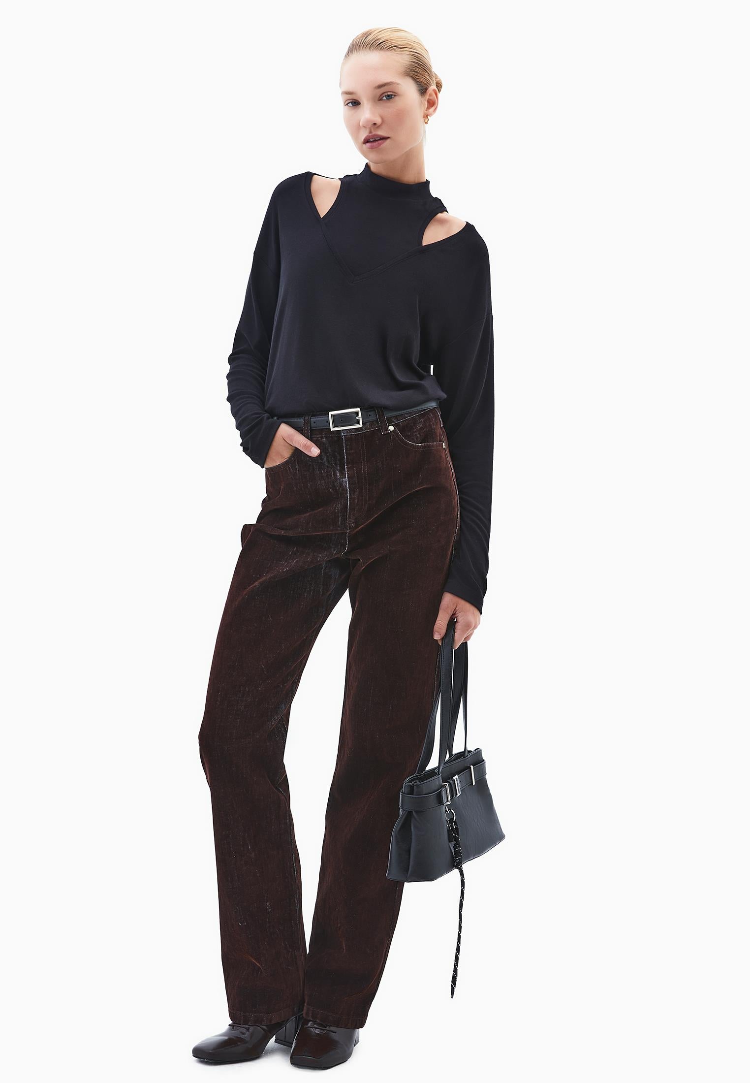 High Neck Oversize T-Shirt - BLACK