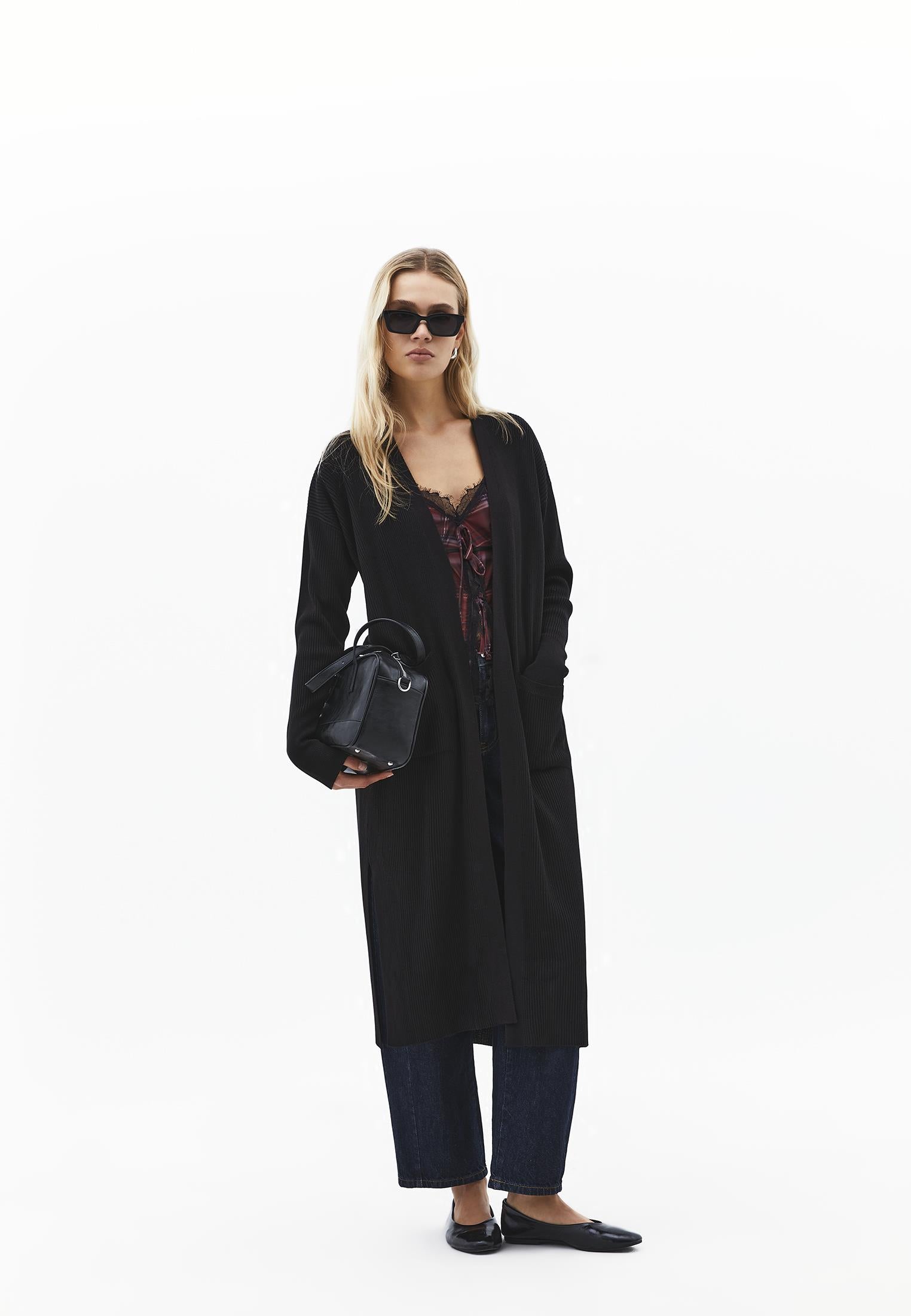 Ribbed Long Sleeve Cardigan - BLACK
