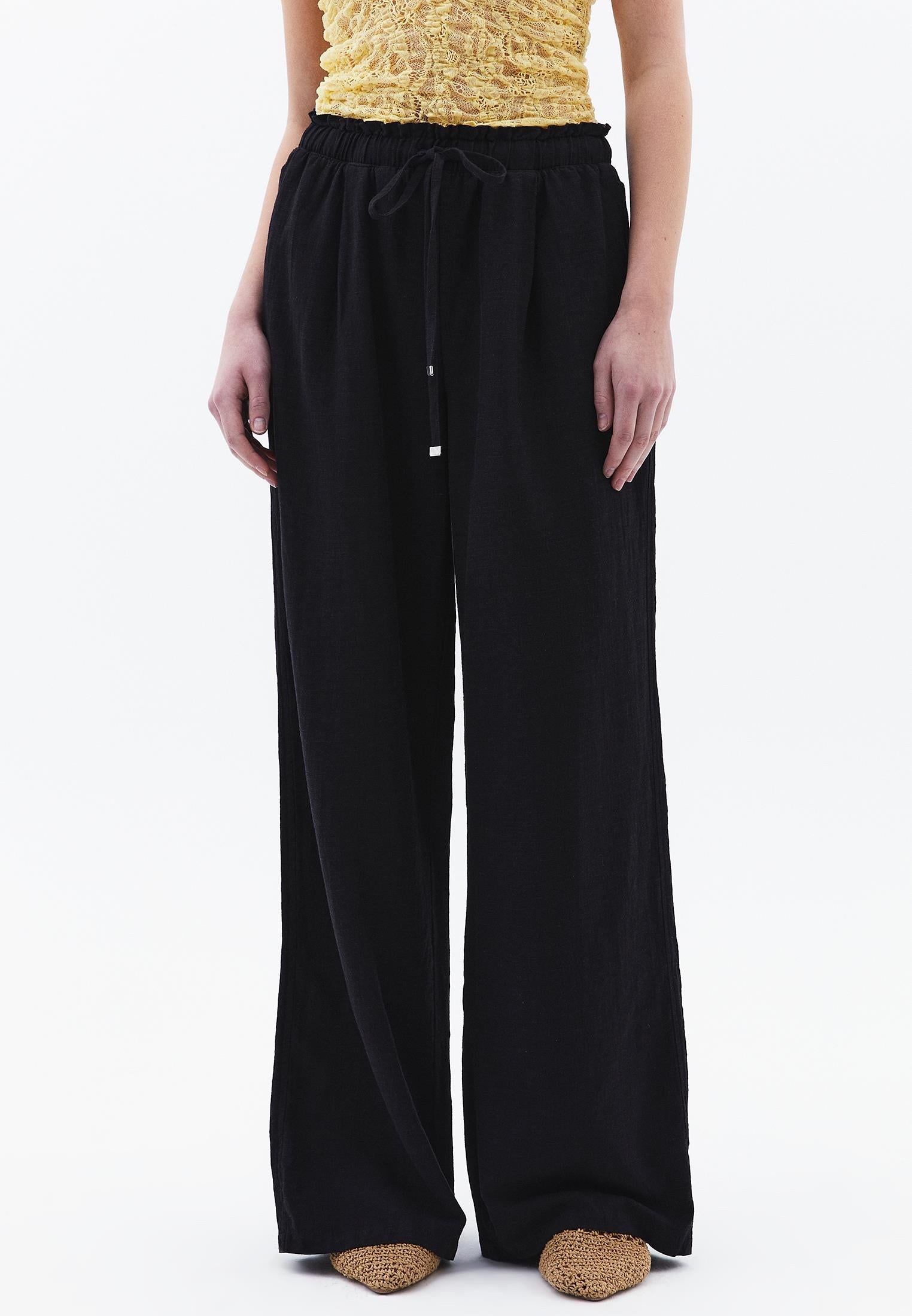 High Waist Wide Leg Linen Pants - BLACK