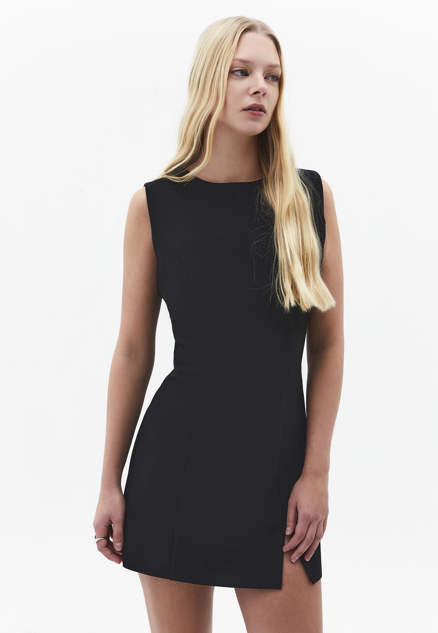 Sleeveless Dress With Slit And Round Neck - BLACK