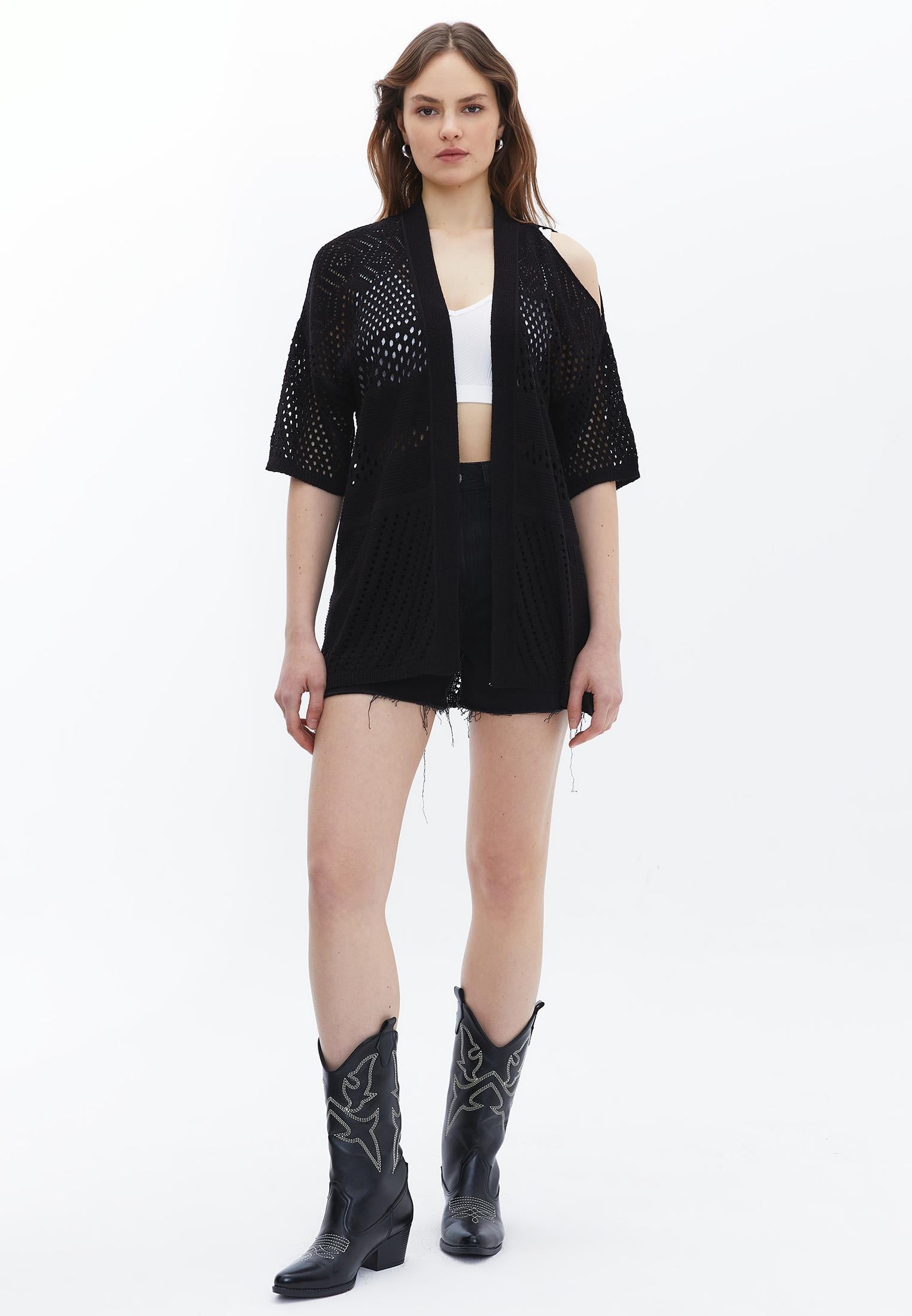 Tunic Length Cardigan With Cut Details - BLACK