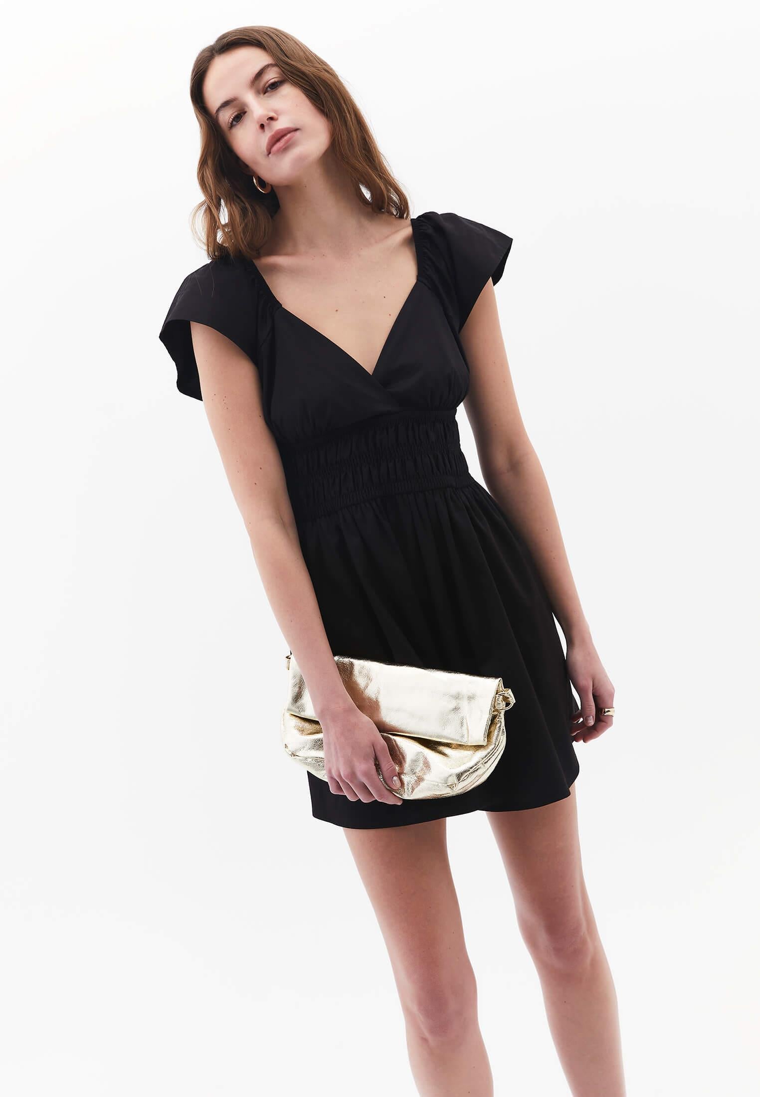 Short V Neck Smocked Dress - BLACK