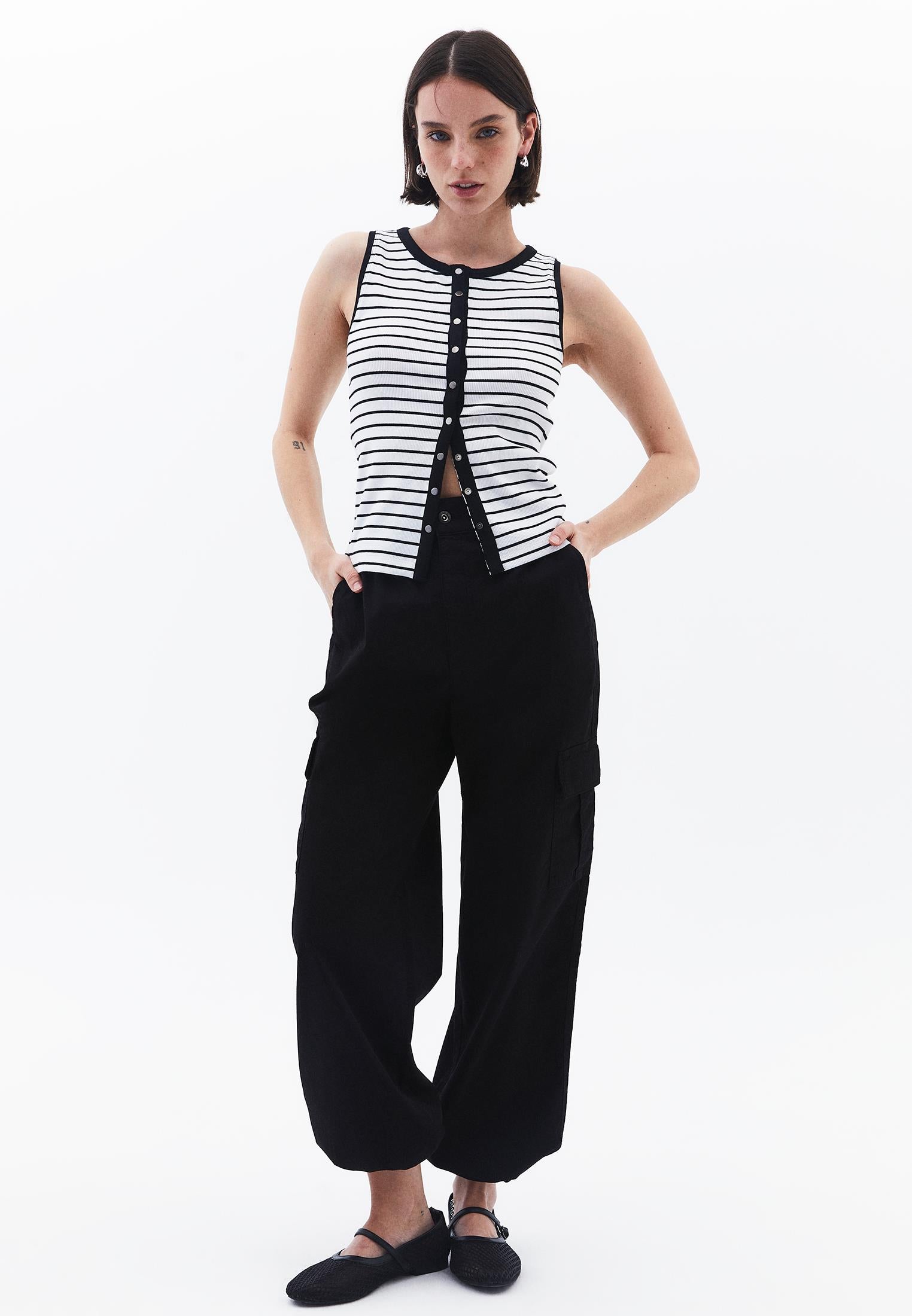 Crew Neck Striped Tank Top - WHITE/BLACK