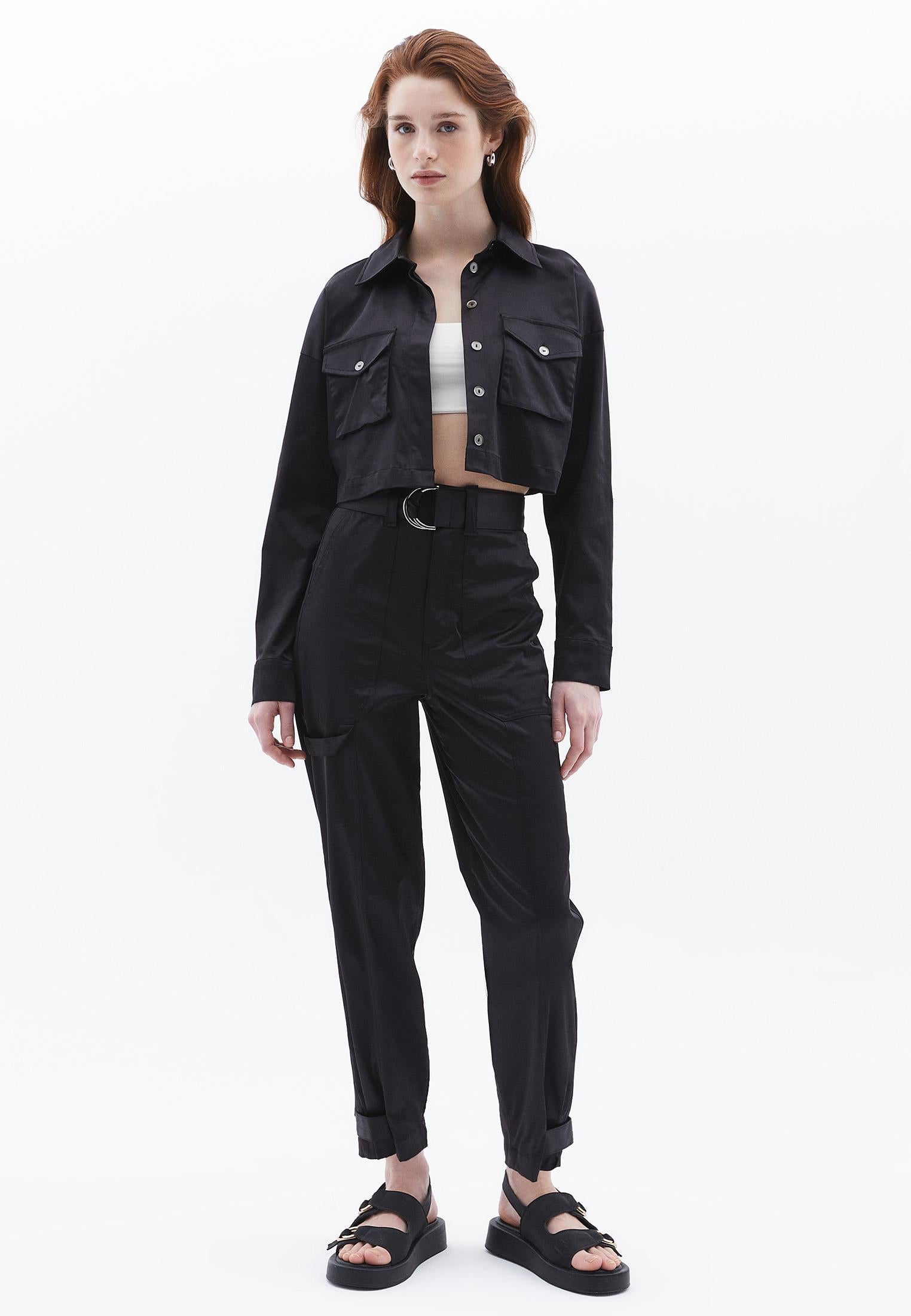 Cropped Shirt With Pocket Detail And Loose Fit - BLACK
