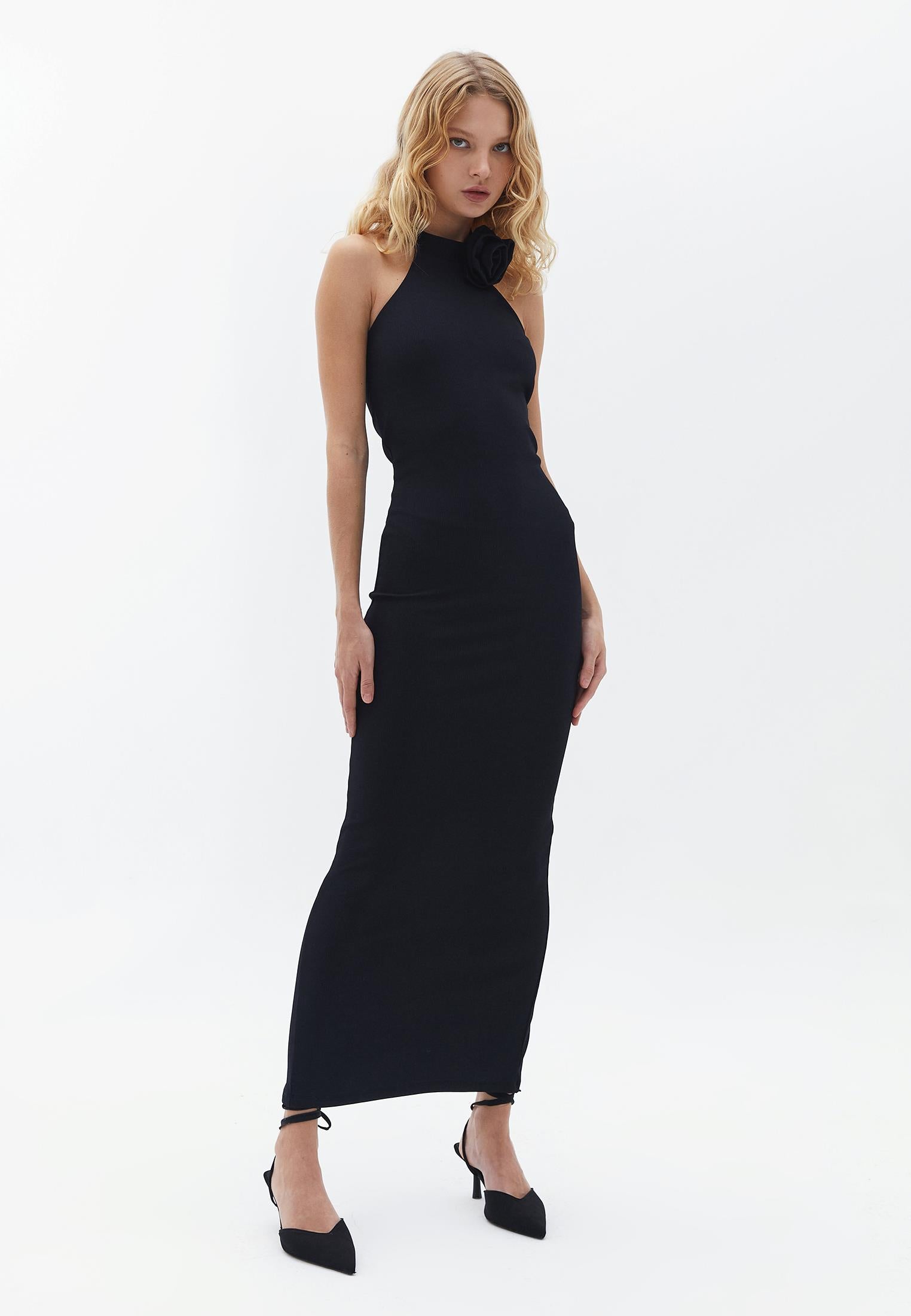 Halter Neck Long Dress - BLACK