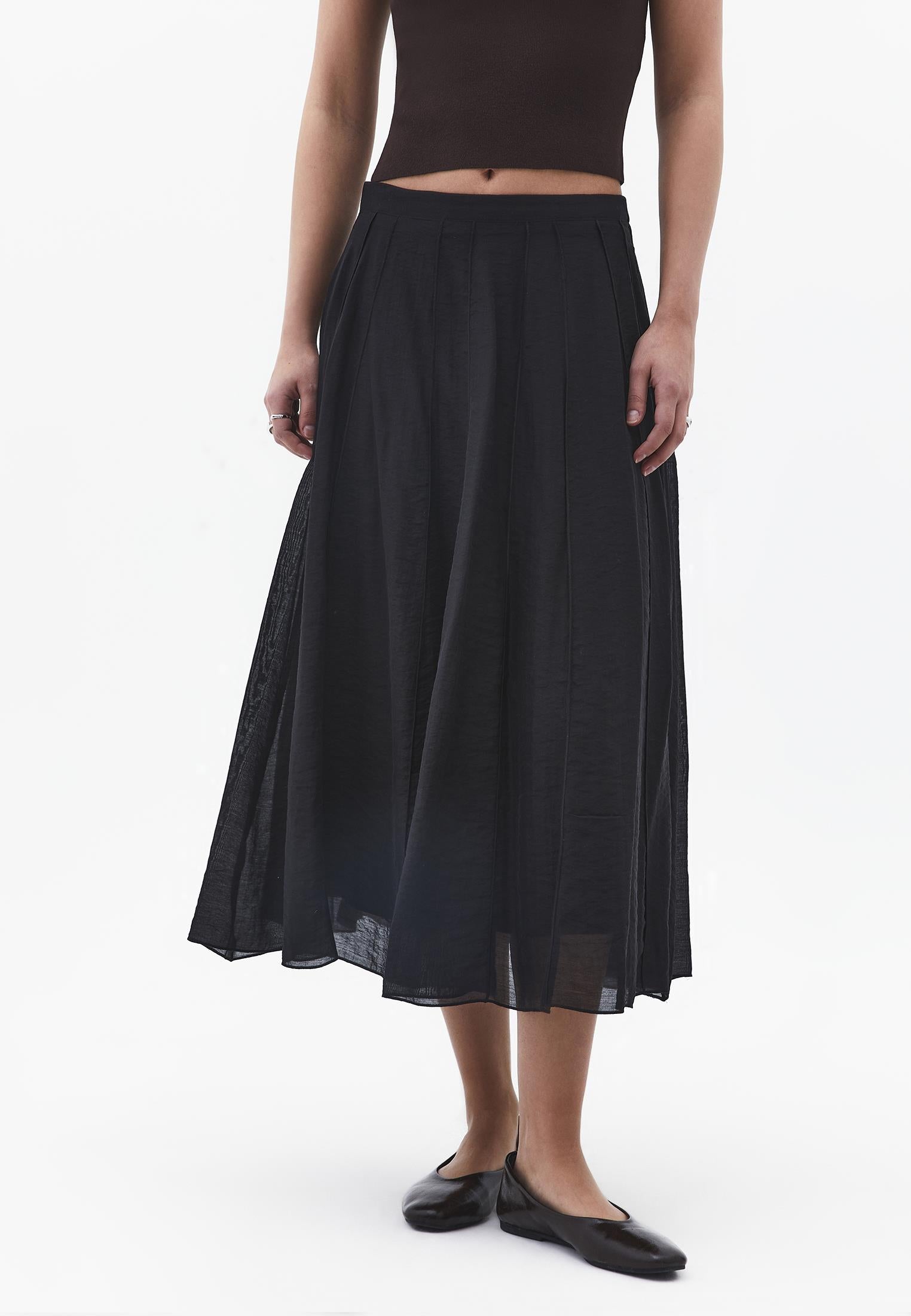 High Waist Flared Midi Skirt - BLACK