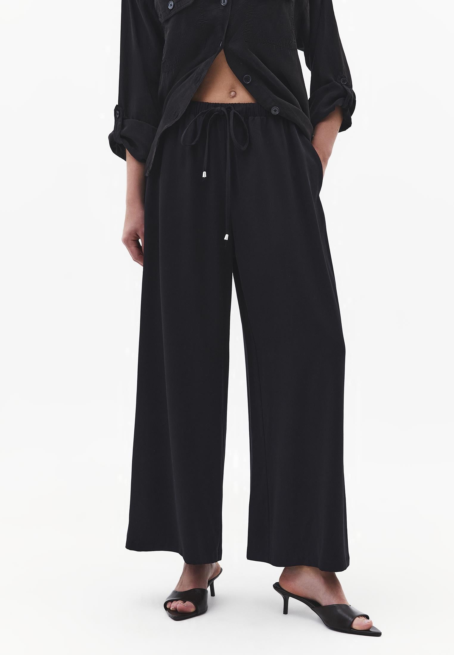 Wide Leg High Waist Elastic Pants - BLACK